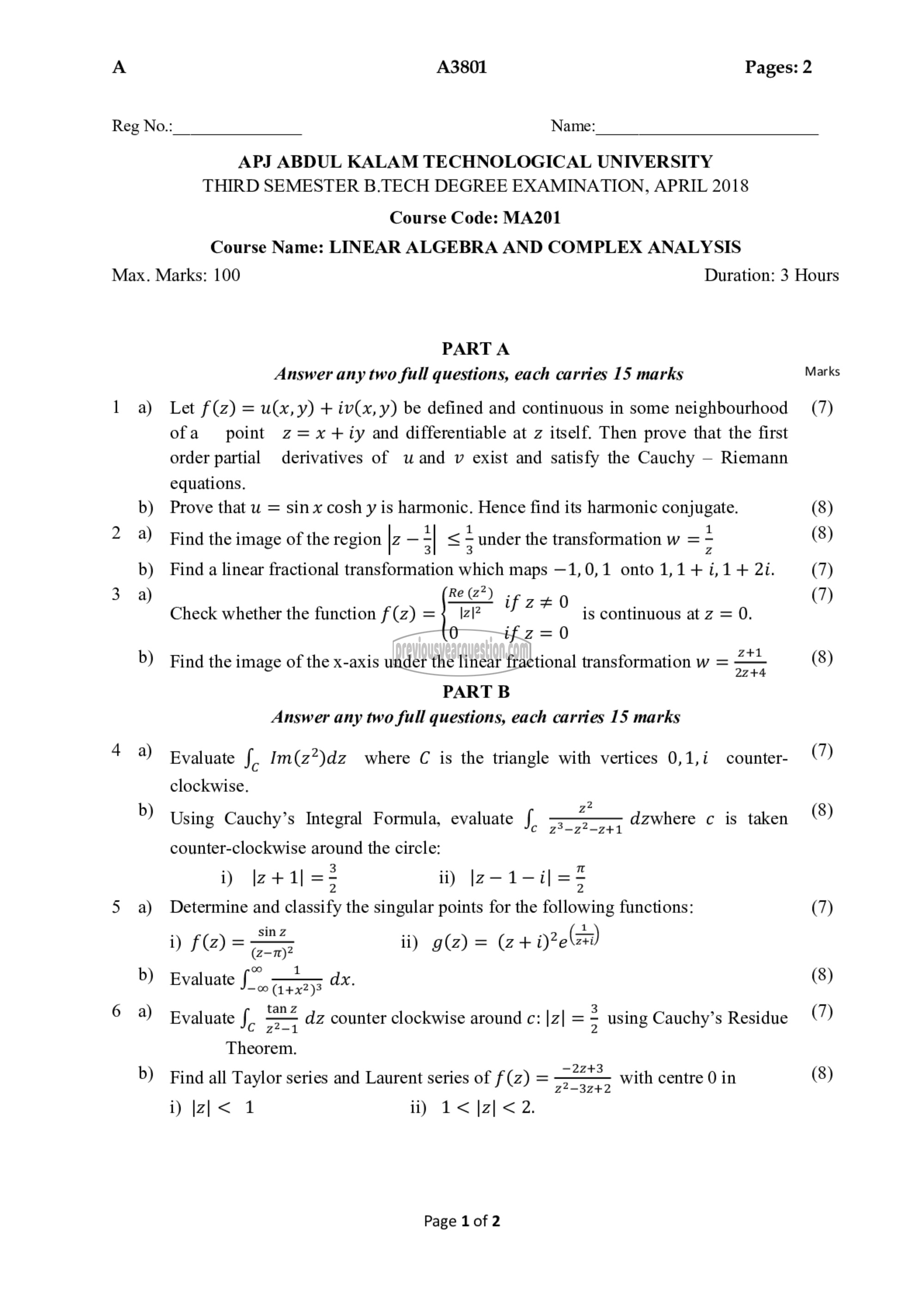 Question Paper - Linear Algebra & Complex Analysis-1