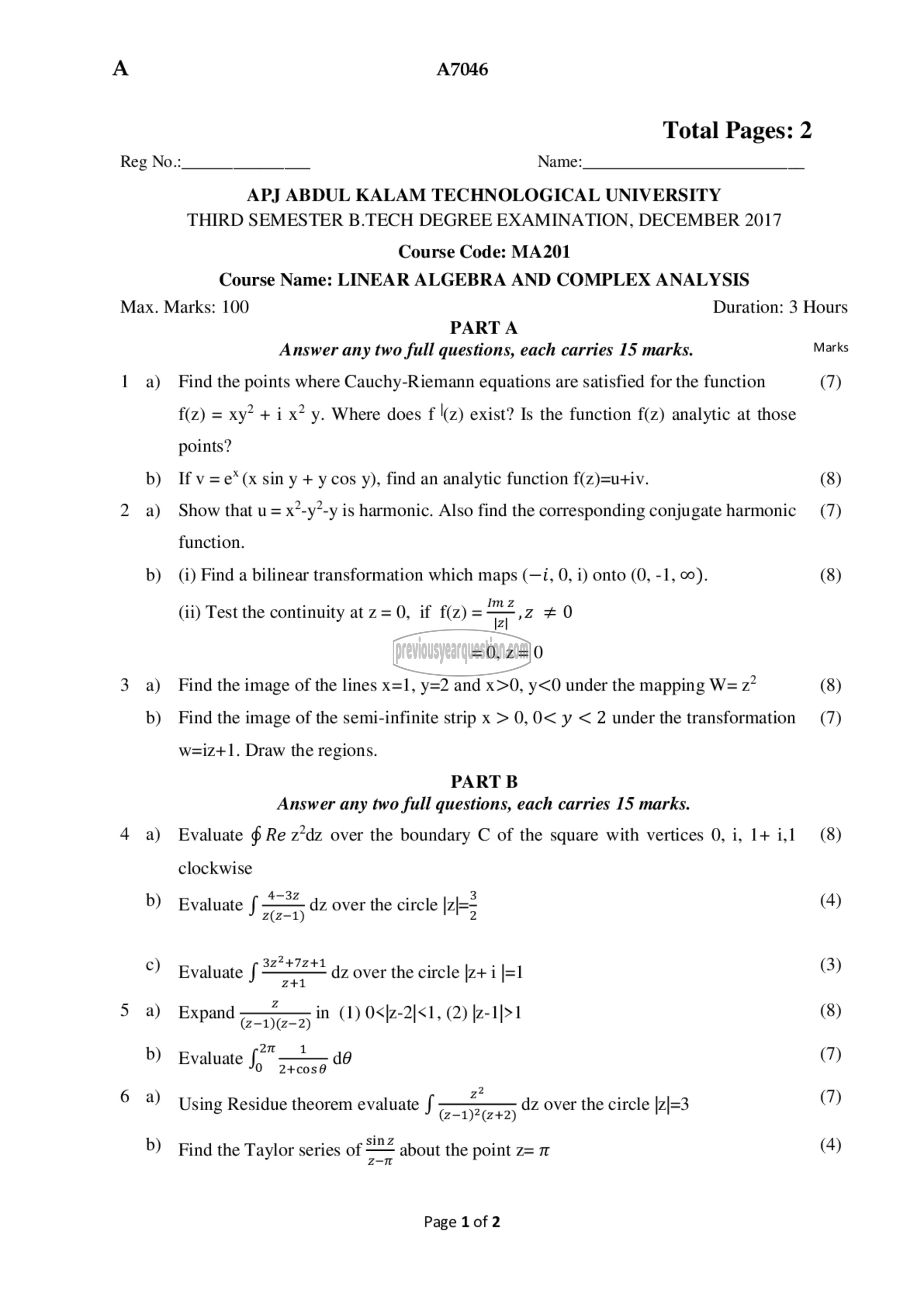 Question Paper - Linear Algebra & Complex Analysis-1