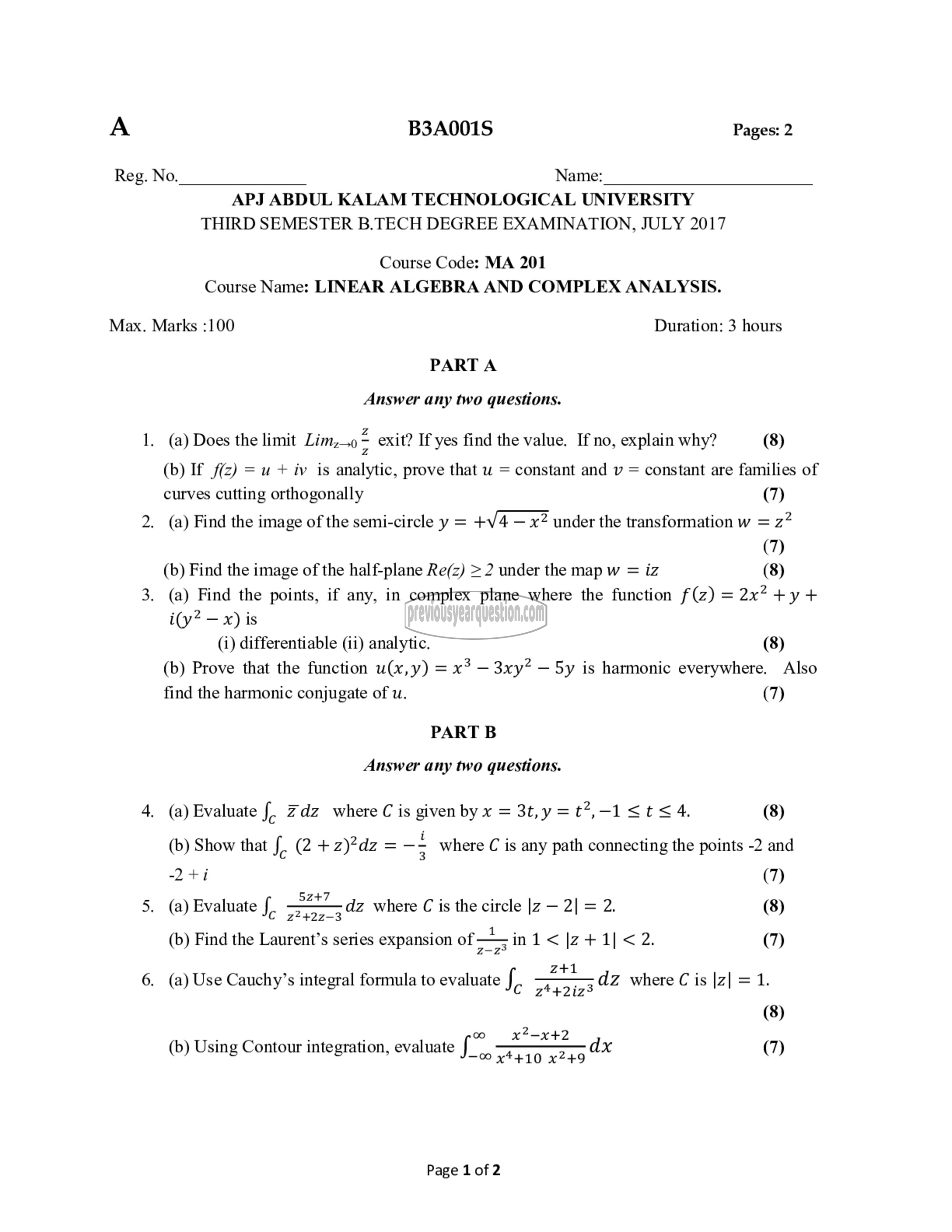 Question Paper - Linear Algebra & Complex Analysis-1