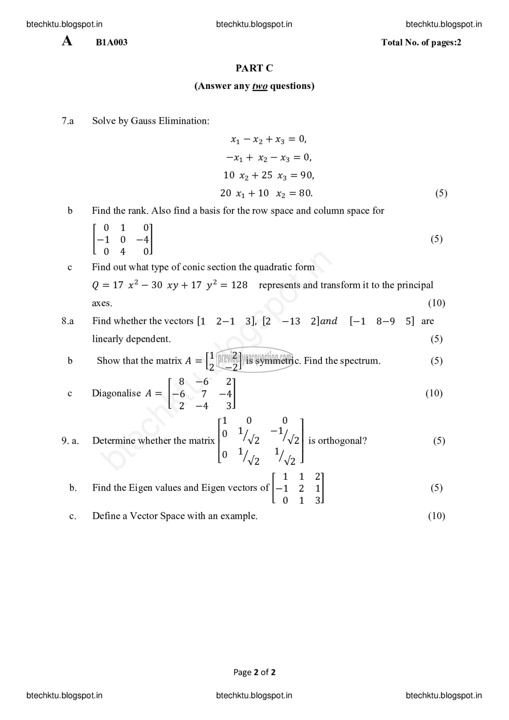 Question Paper - Linear Algebra & Complex Analysis-2