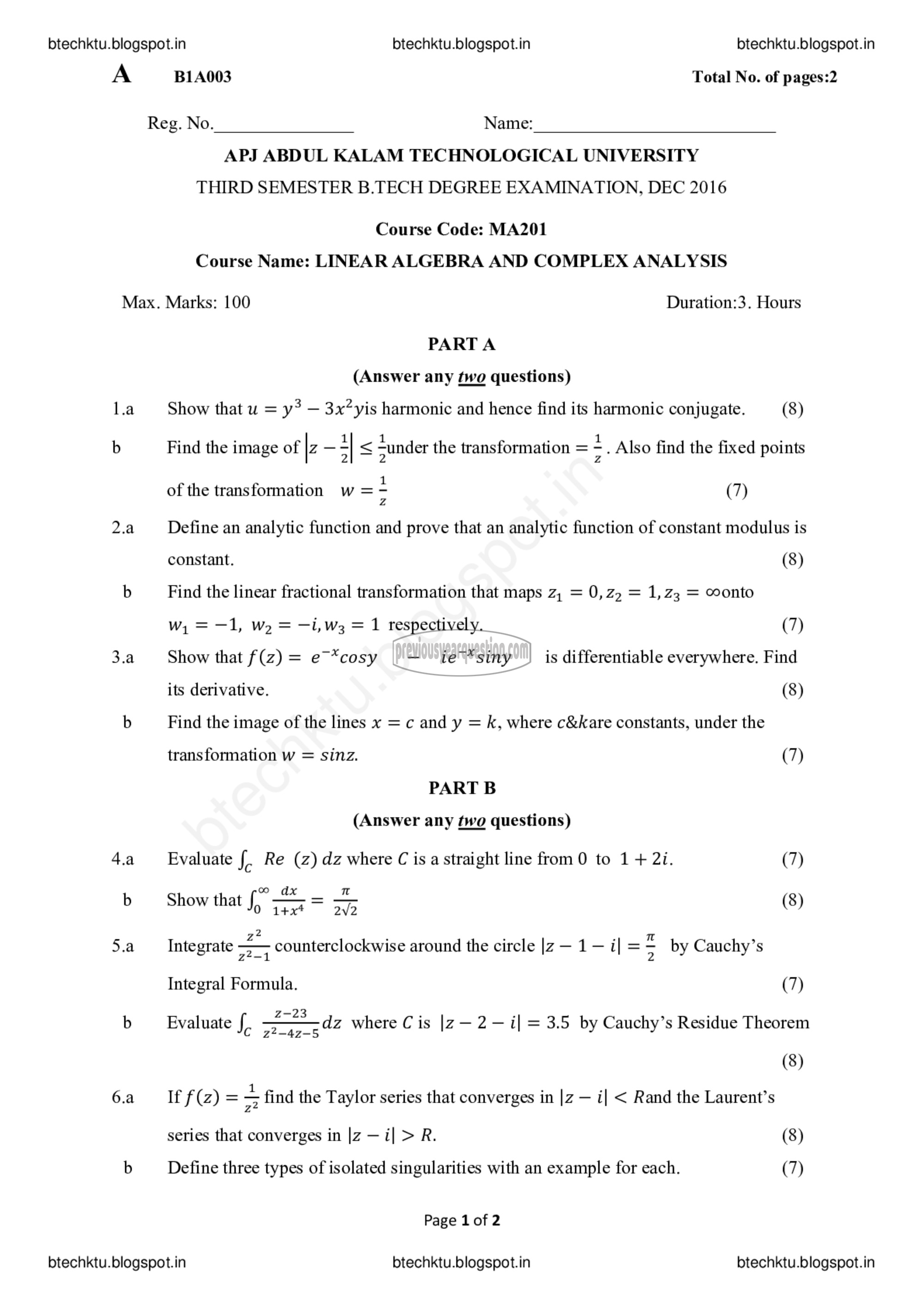 Question Paper - Linear Algebra & Complex Analysis-1