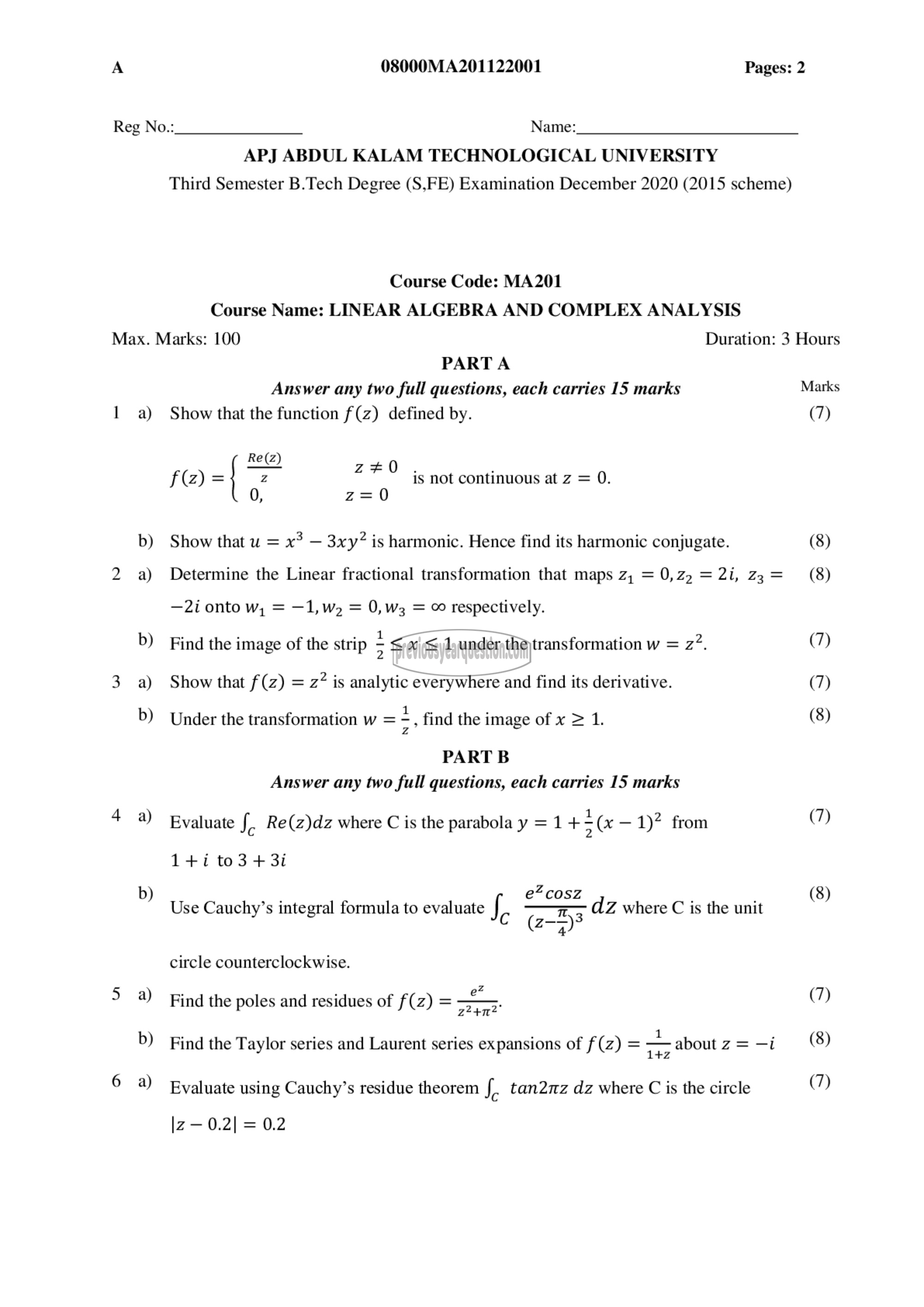 Question Paper - Linear Algebra & Complex Analysis-1