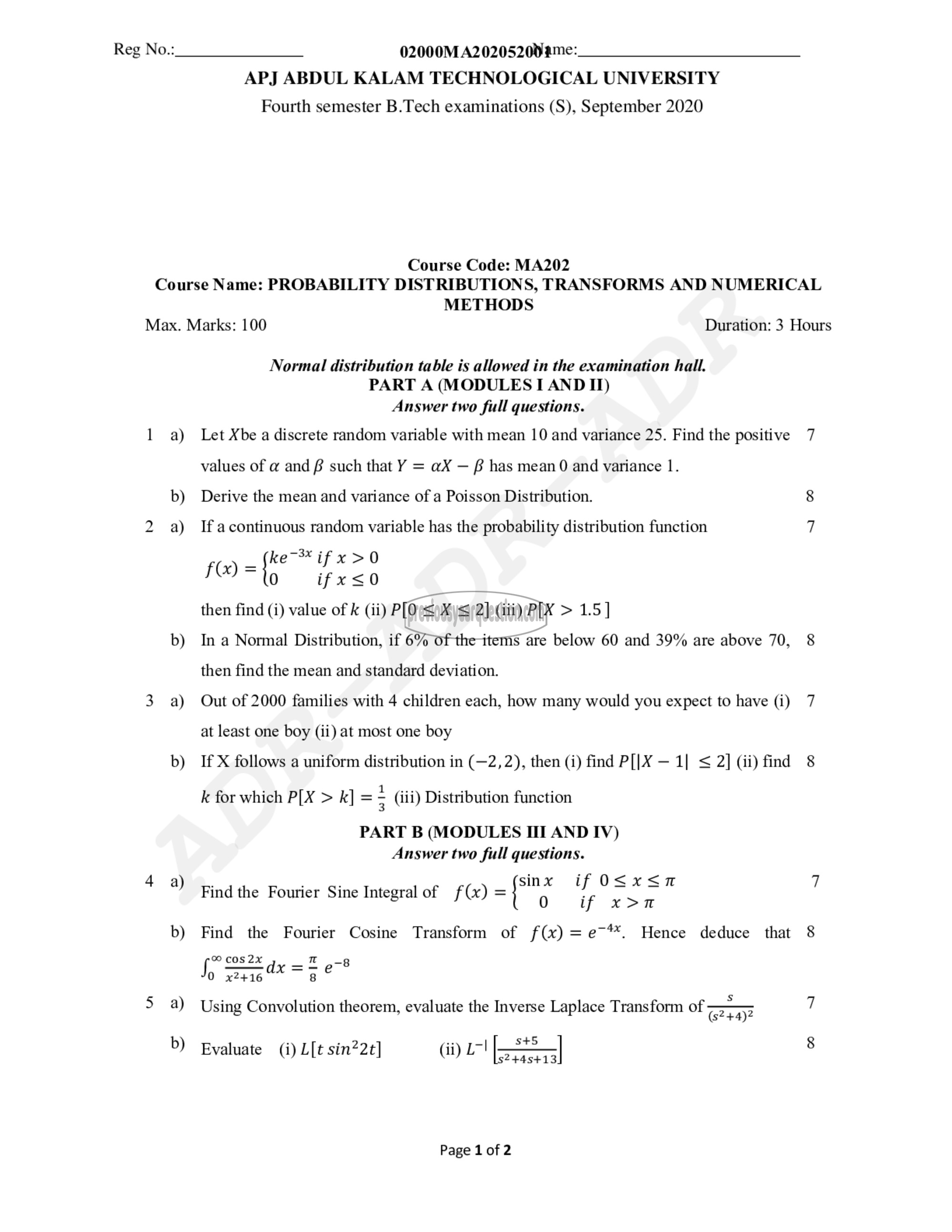 Question Paper - Probability Distributions, Transforms and Numerical Methods-1