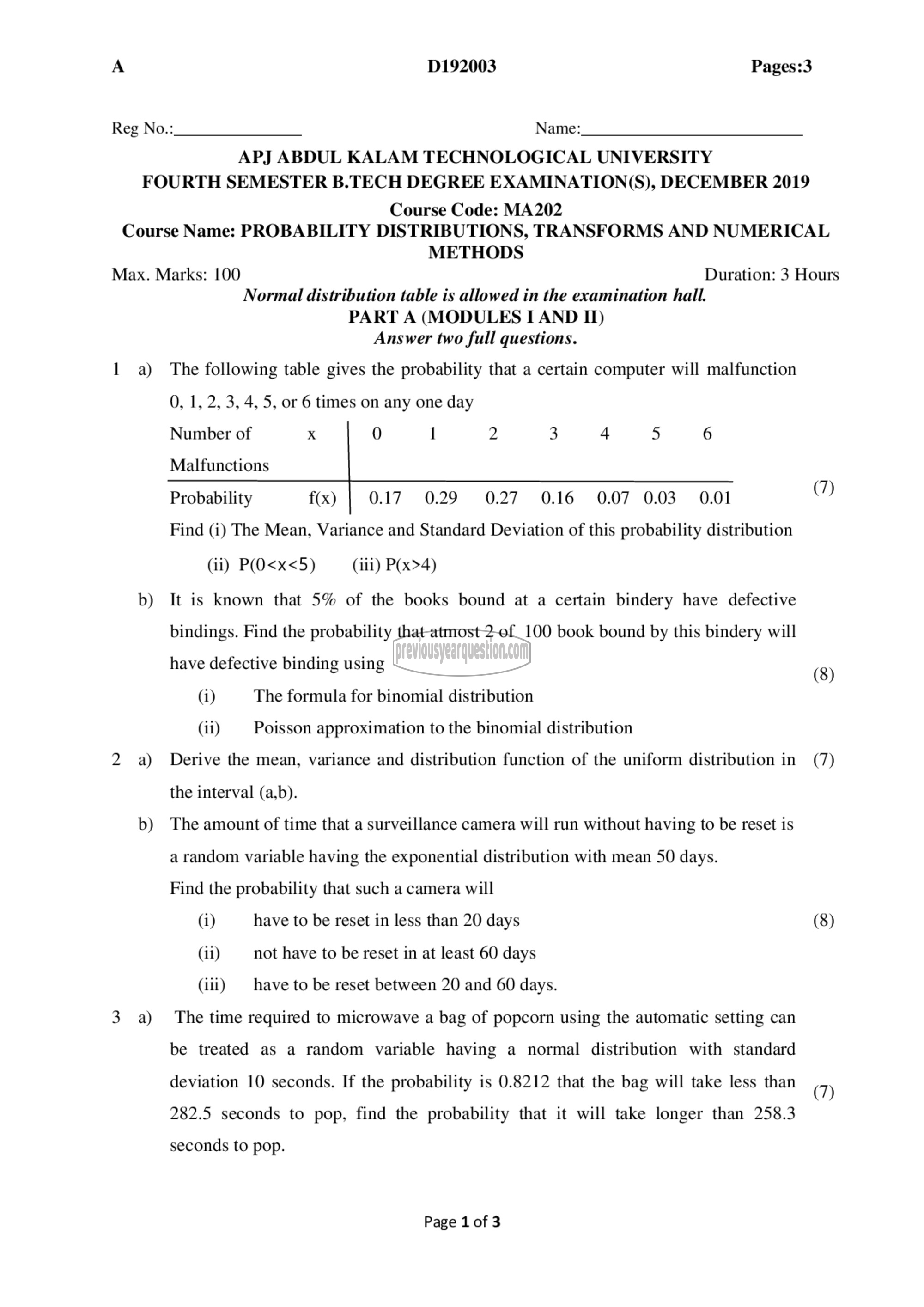 Question Paper - Probability Distributions, Transforms and Numerical Methods-1