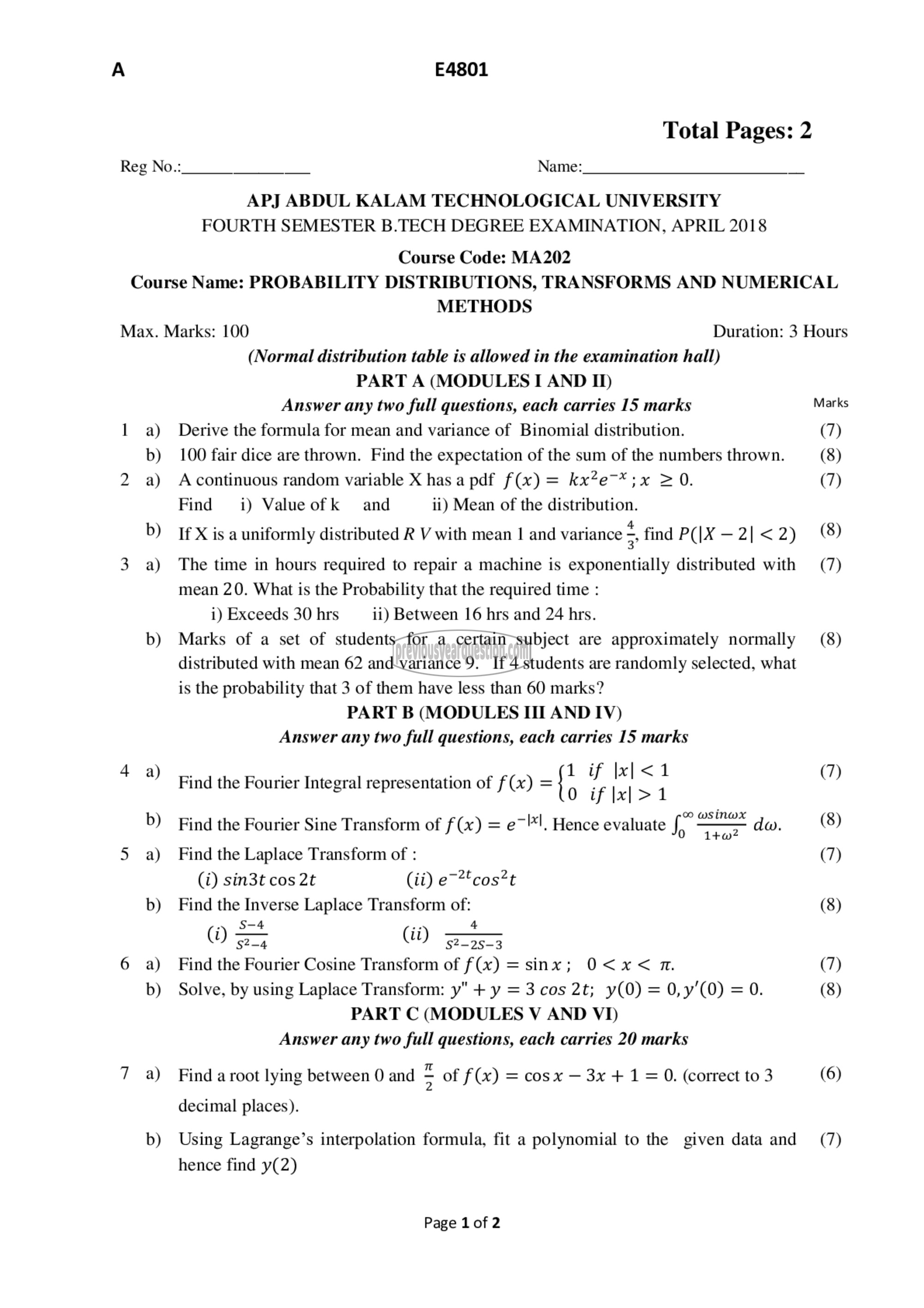 Question Paper - Probability Distributions, Transforms and Numerical Methods-1