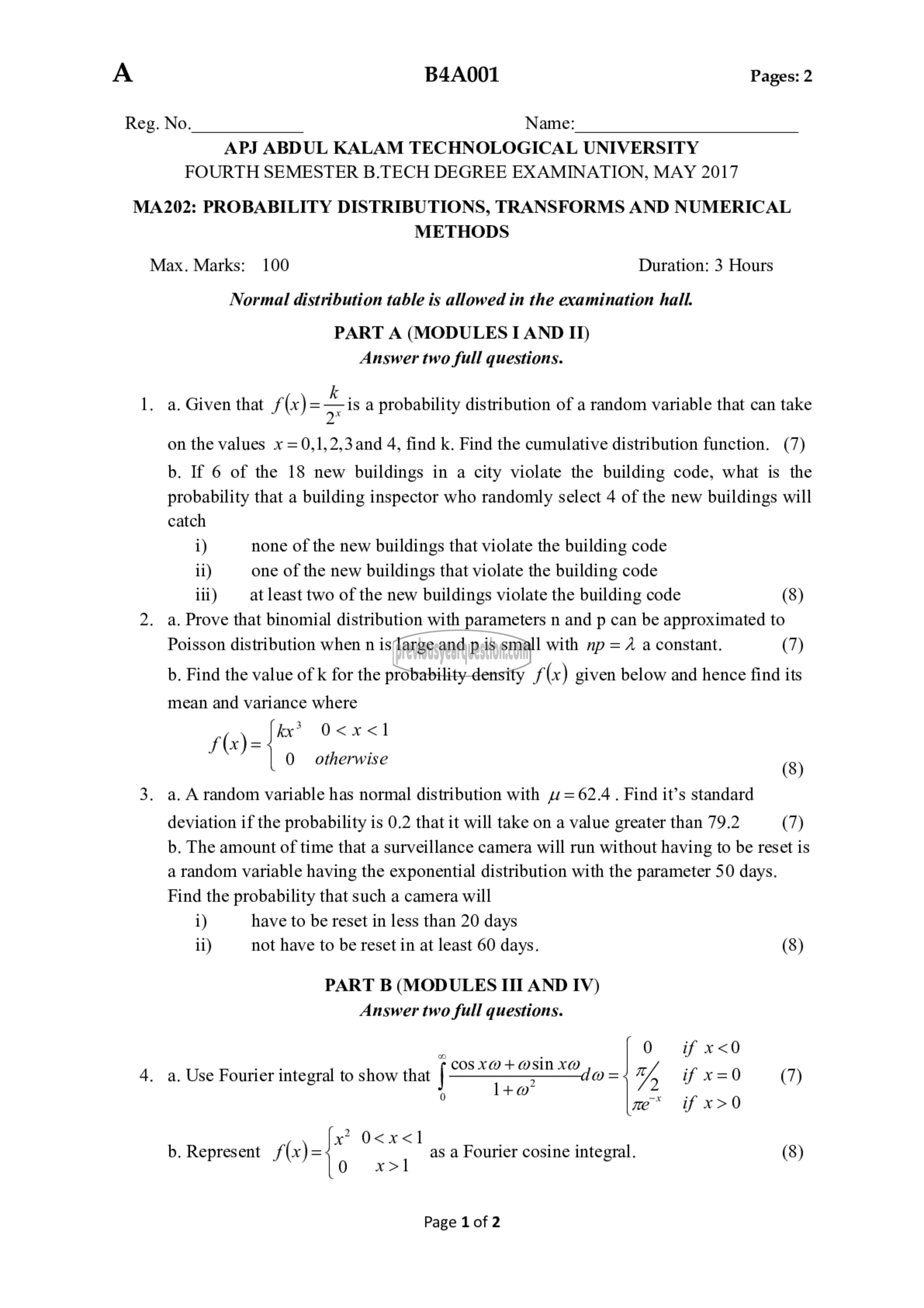 Question Paper - Probability Distributions, Transforms and Numerical Methods-1