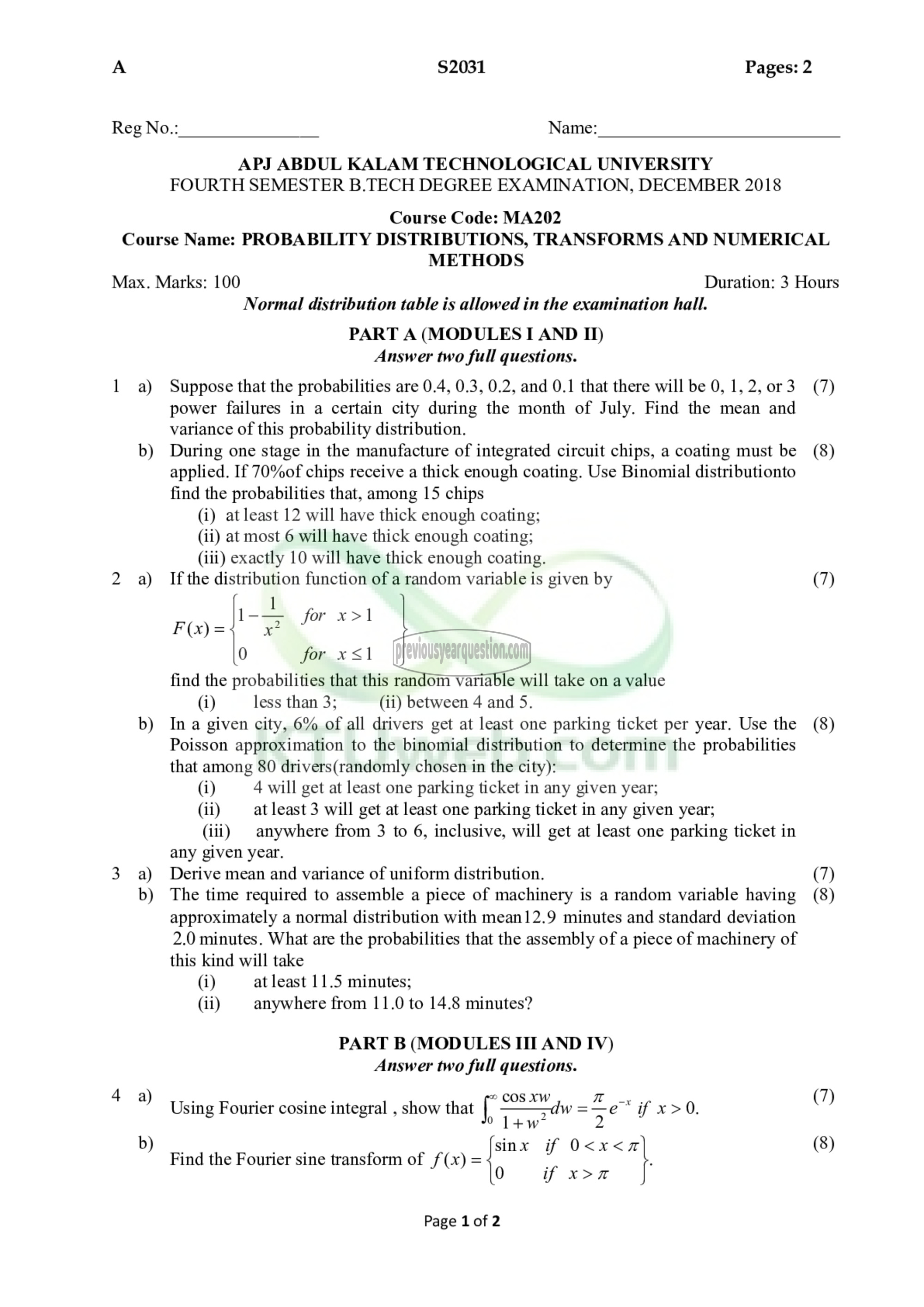 Question Paper - Probability Distributions, Transforms and Numerical Methods-1