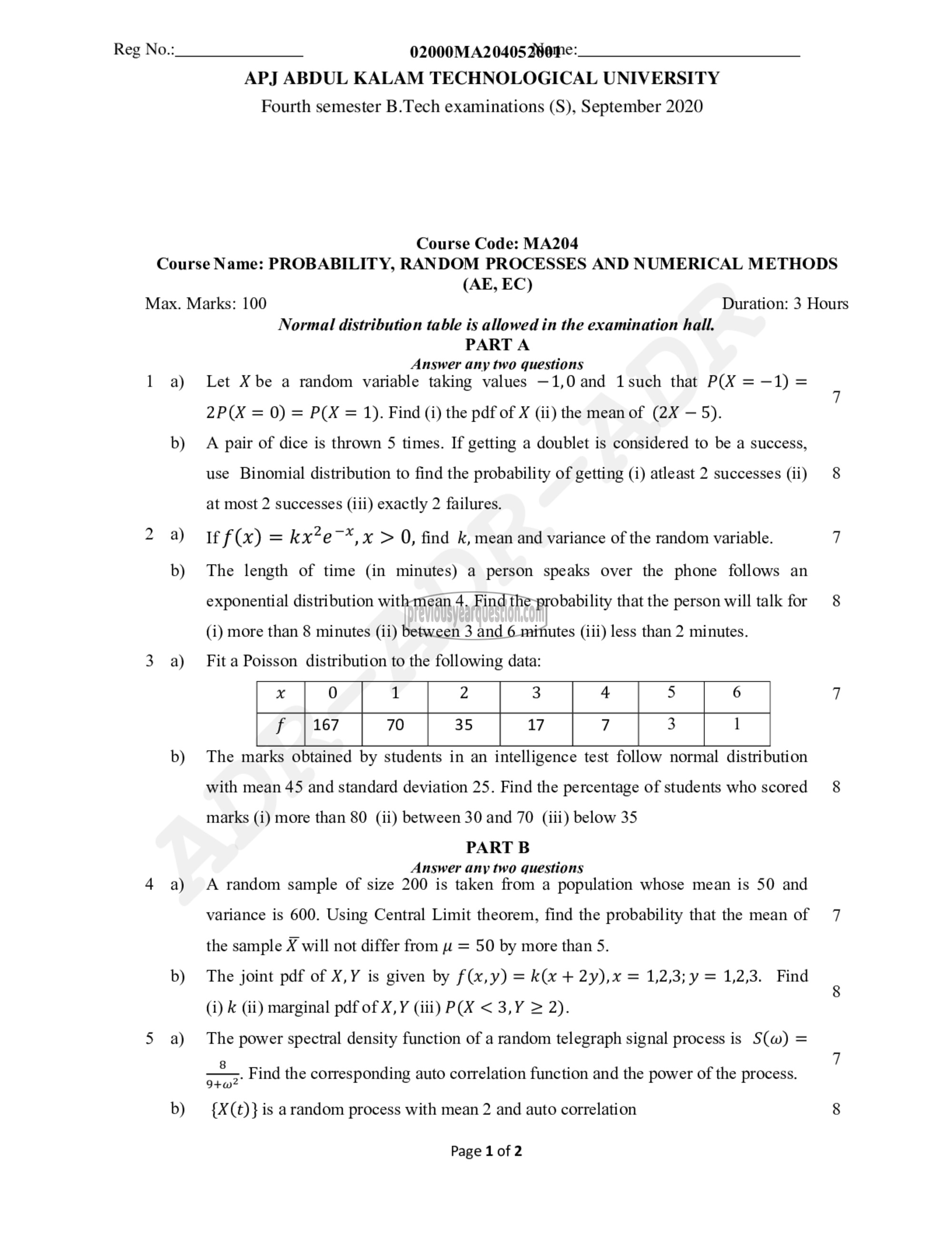 Question Paper - Probability distributions, Random Processes and Numerical Methods-1