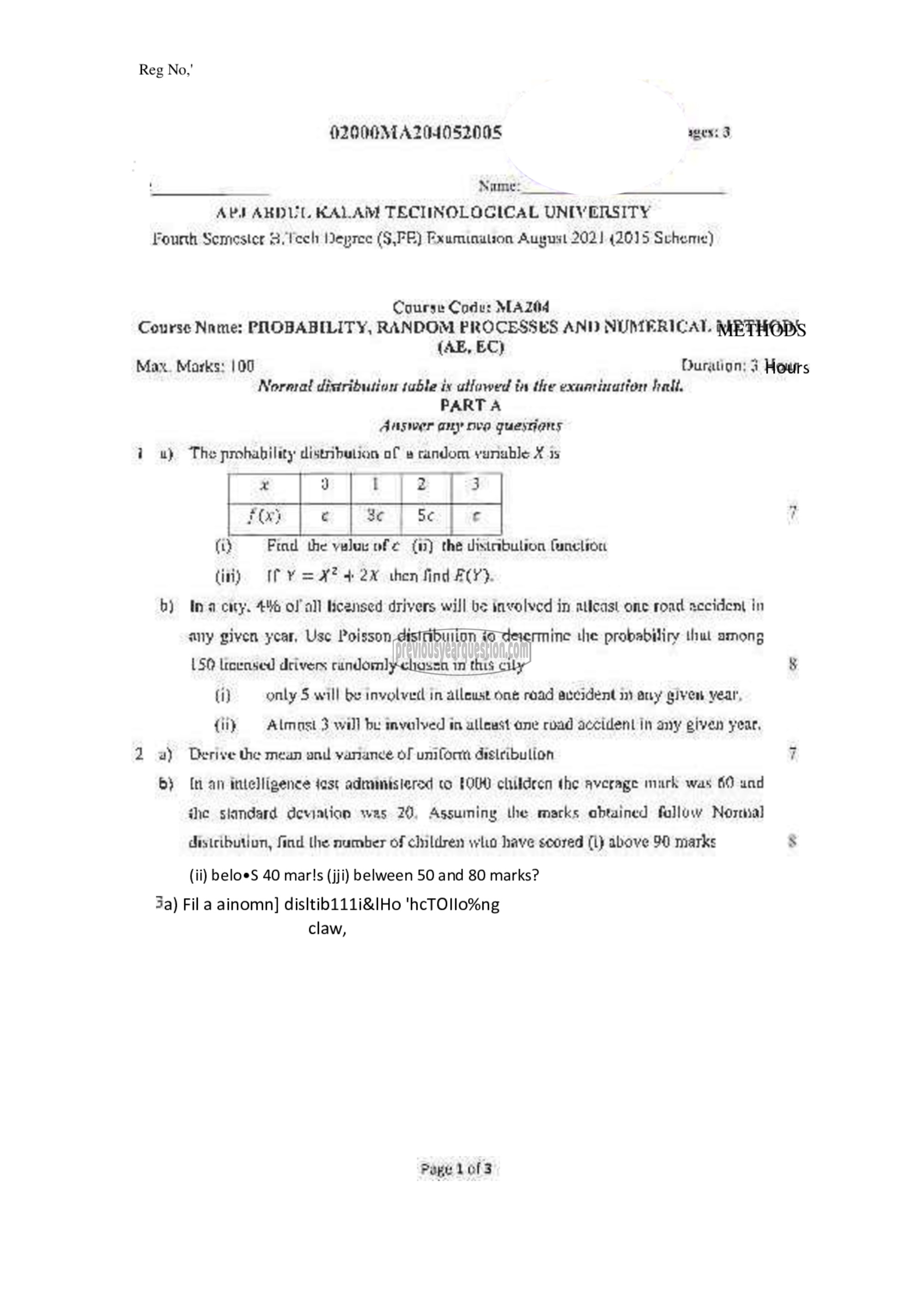 Question Paper - Probability distributions, Random Processes and Numerical Methods-1