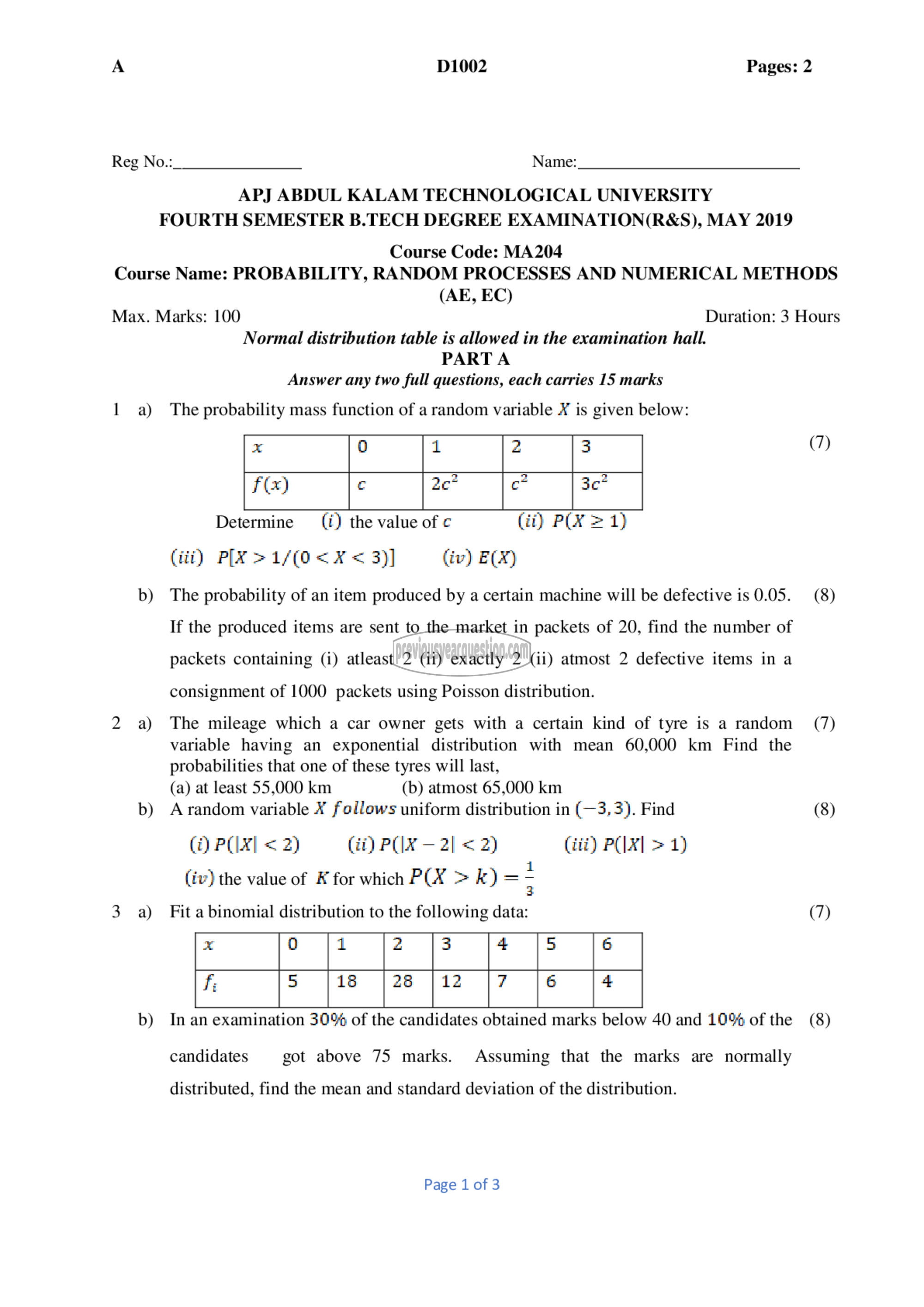 Question Paper - Probability distributions, Random Processes and Numerical Methods-1