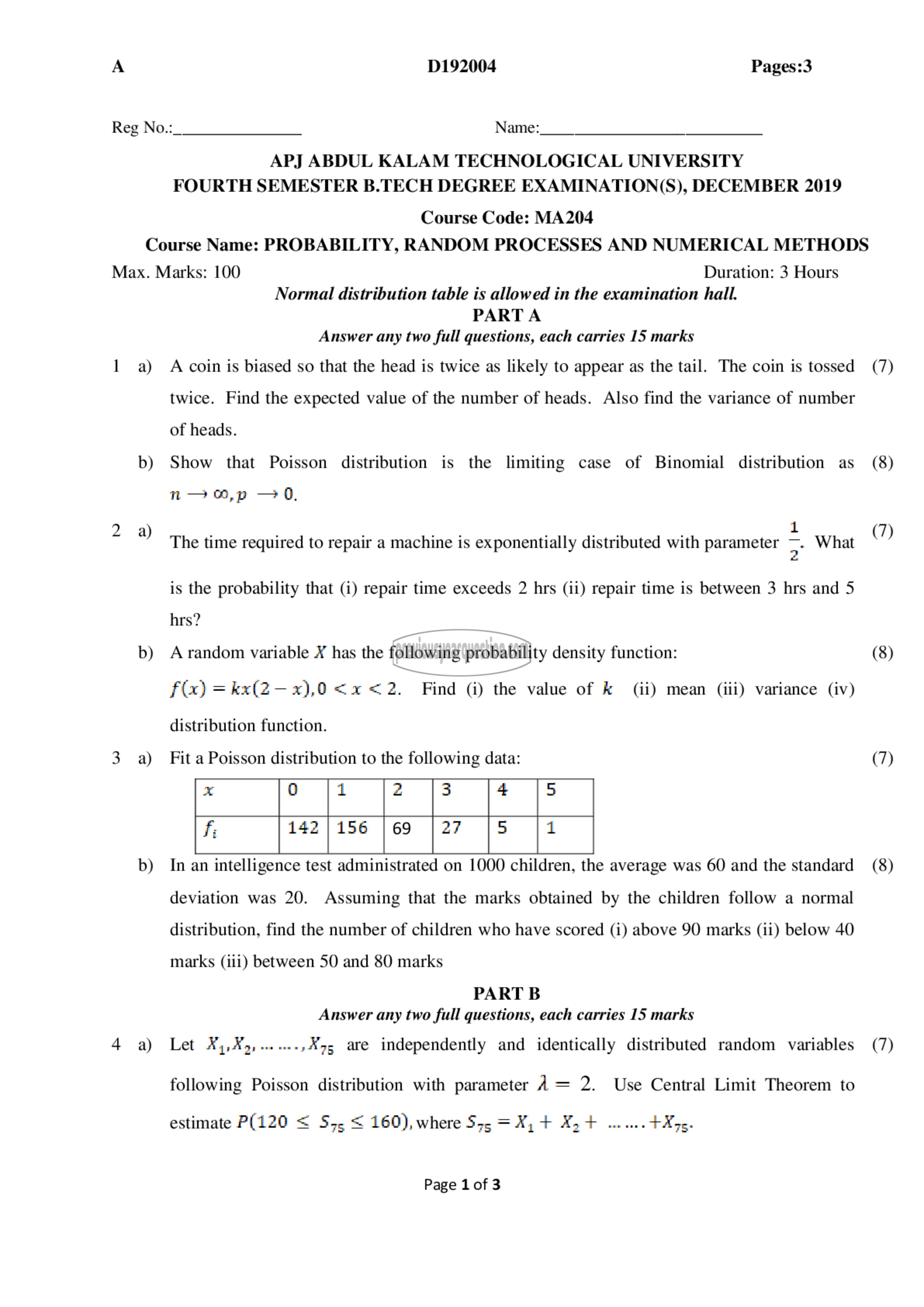 Question Paper - Probability distributions, Random Processes and Numerical Methods-1