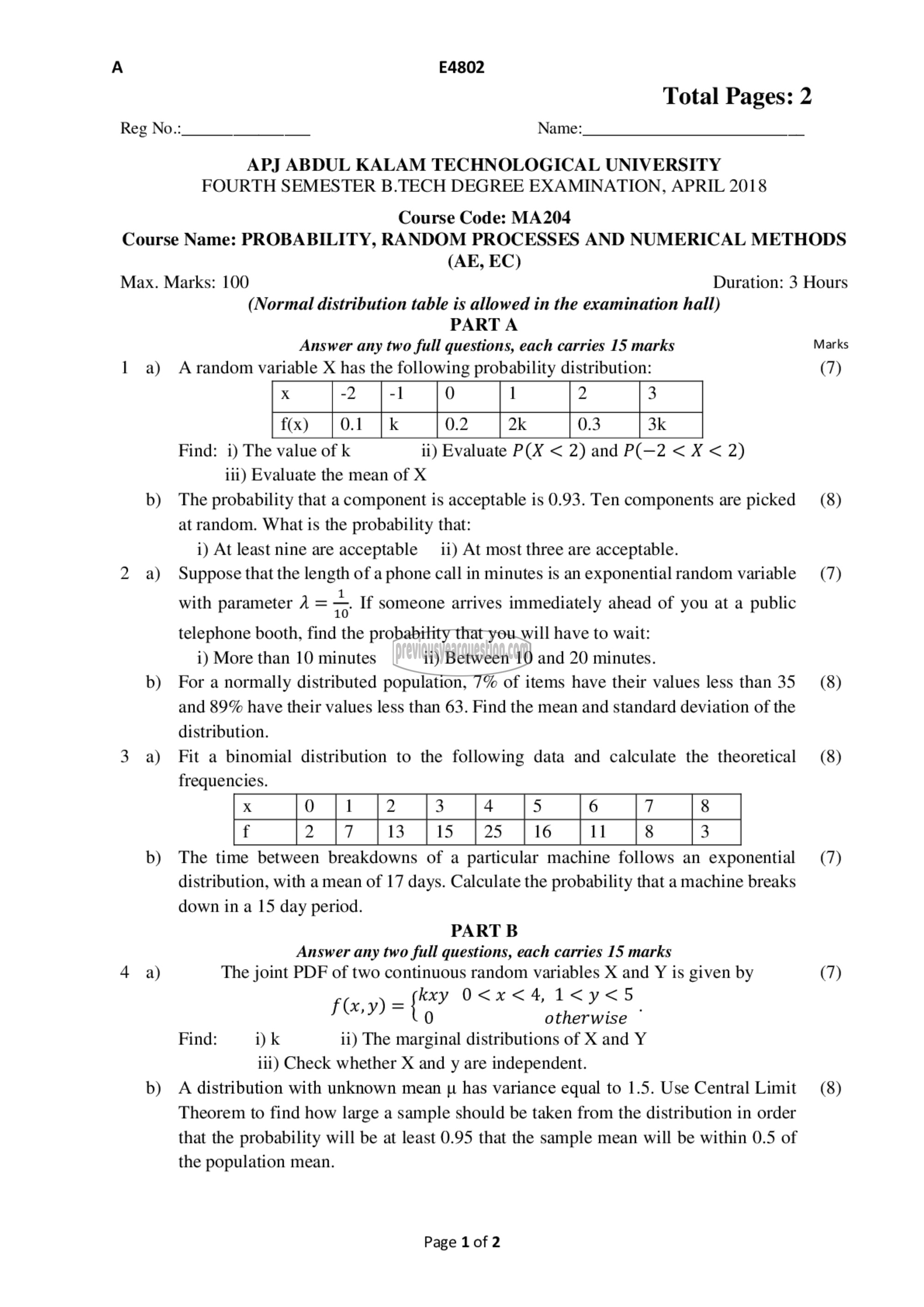 Question Paper - Probability distributions, Random Processes and Numerical Methods-1