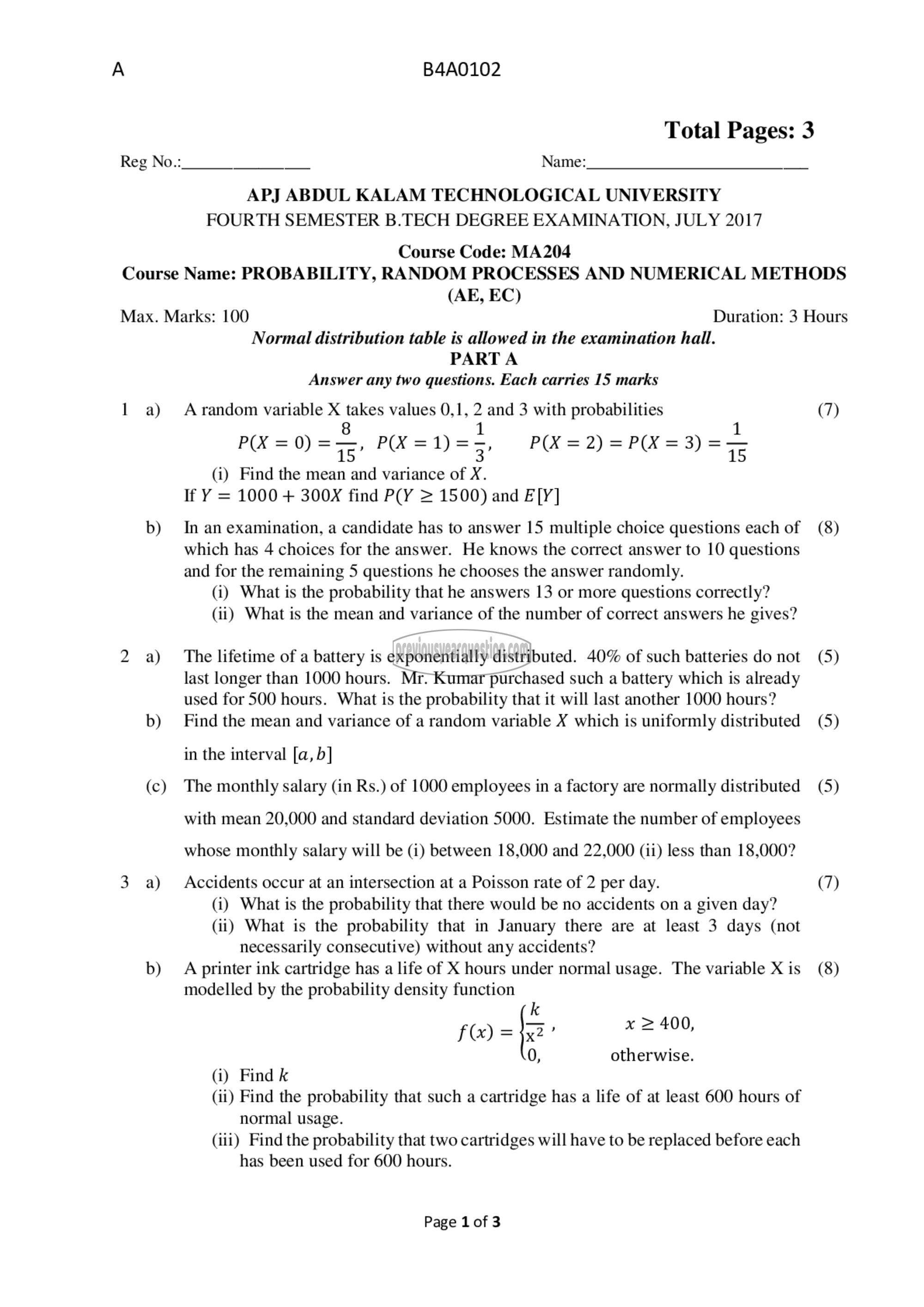 Question Paper - Probability distributions, Random Processes and Numerical Methods-1