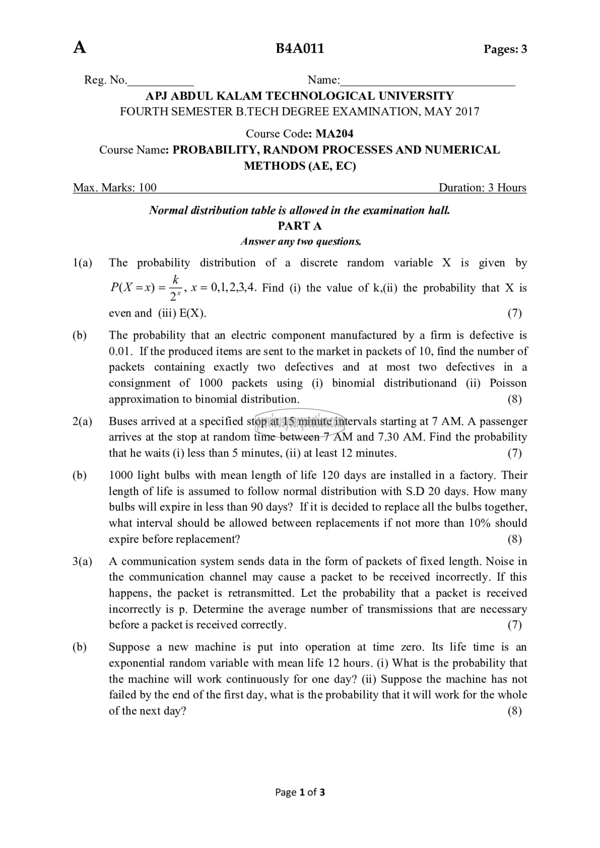 Question Paper - Probability distributions, Random Processes and Numerical Methods-1