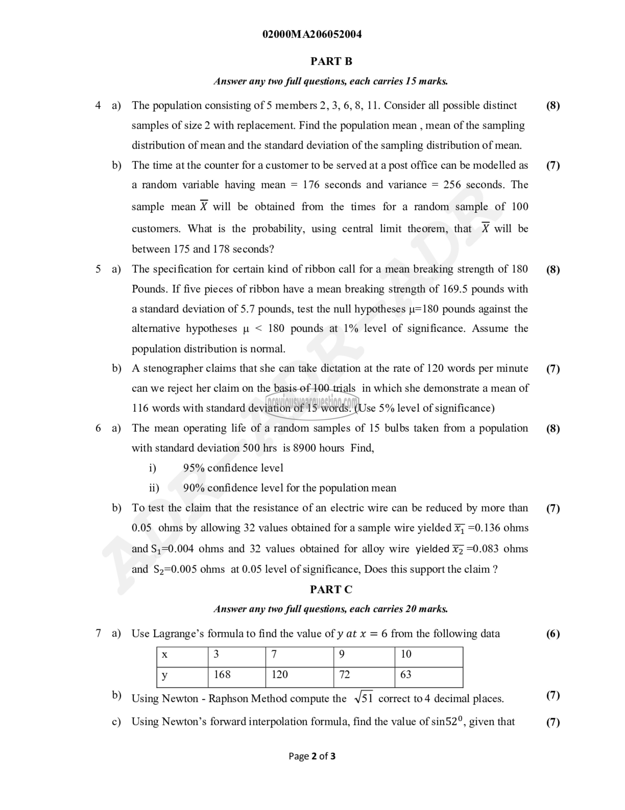 Question Paper - Probability & Statistics and Numerical Methods-2