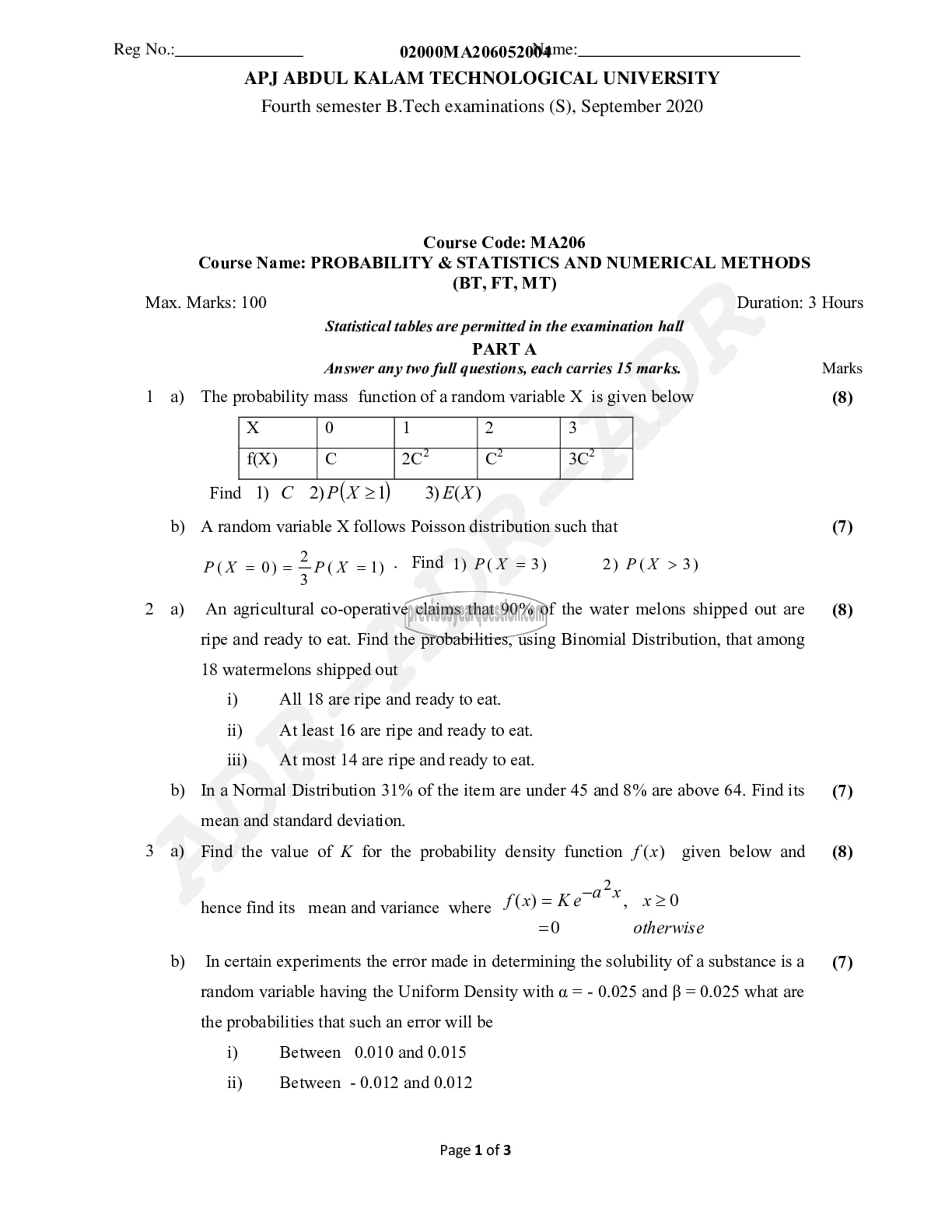 Question Paper - Probability & Statistics and Numerical Methods-1