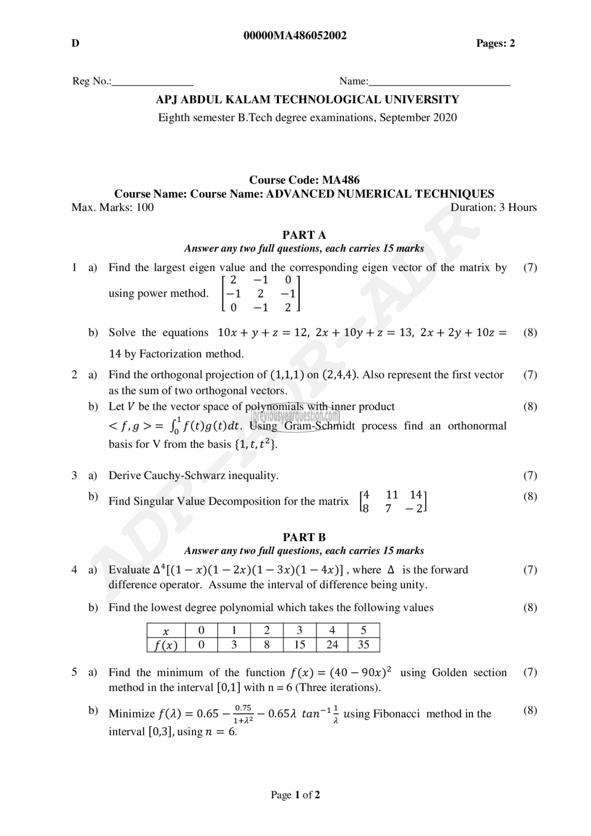 Question Paper - ADVANCED NUMERICAL COMPUTATIONS-1