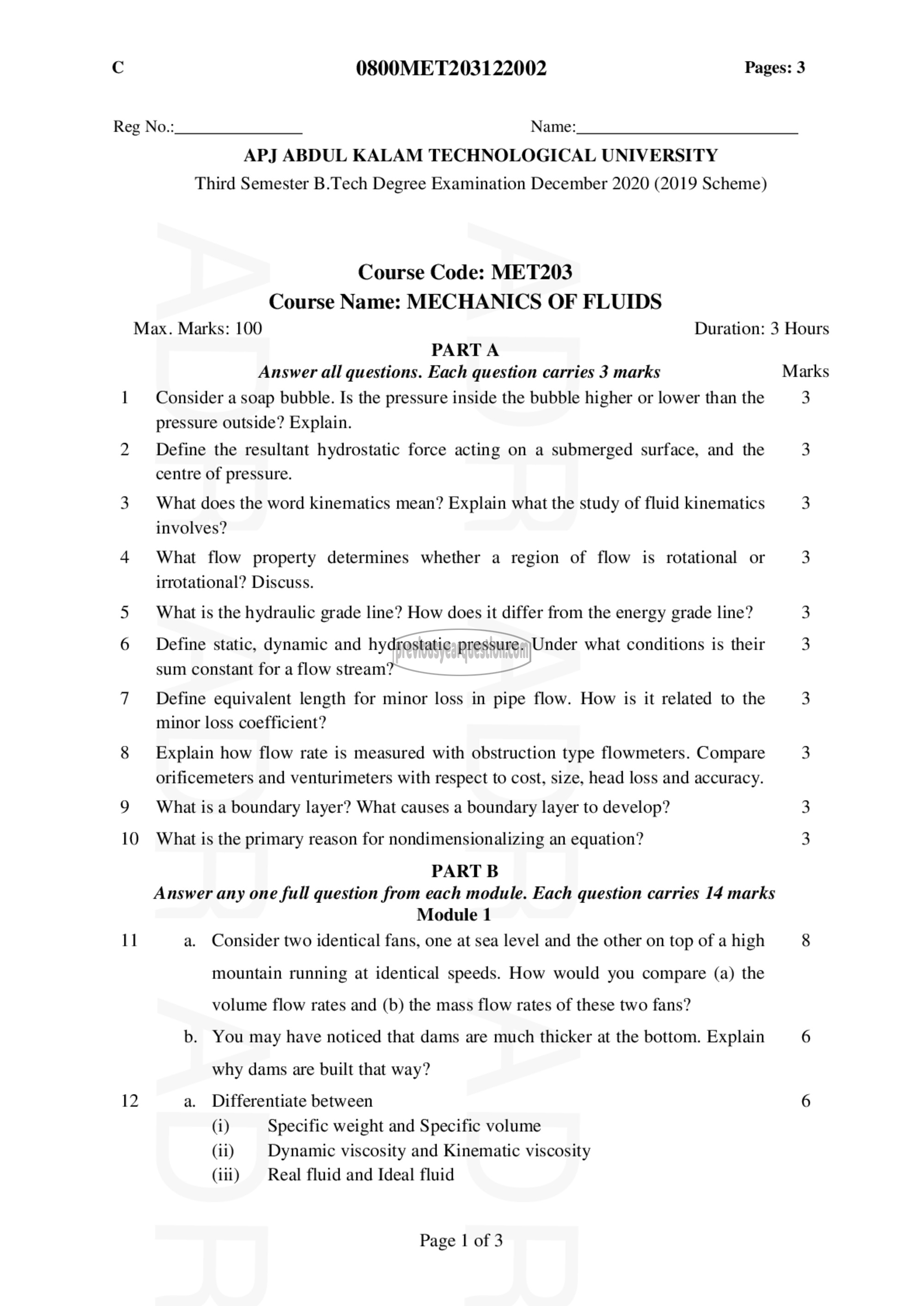 Question Paper - MECHANICS OF FLUIDS-1