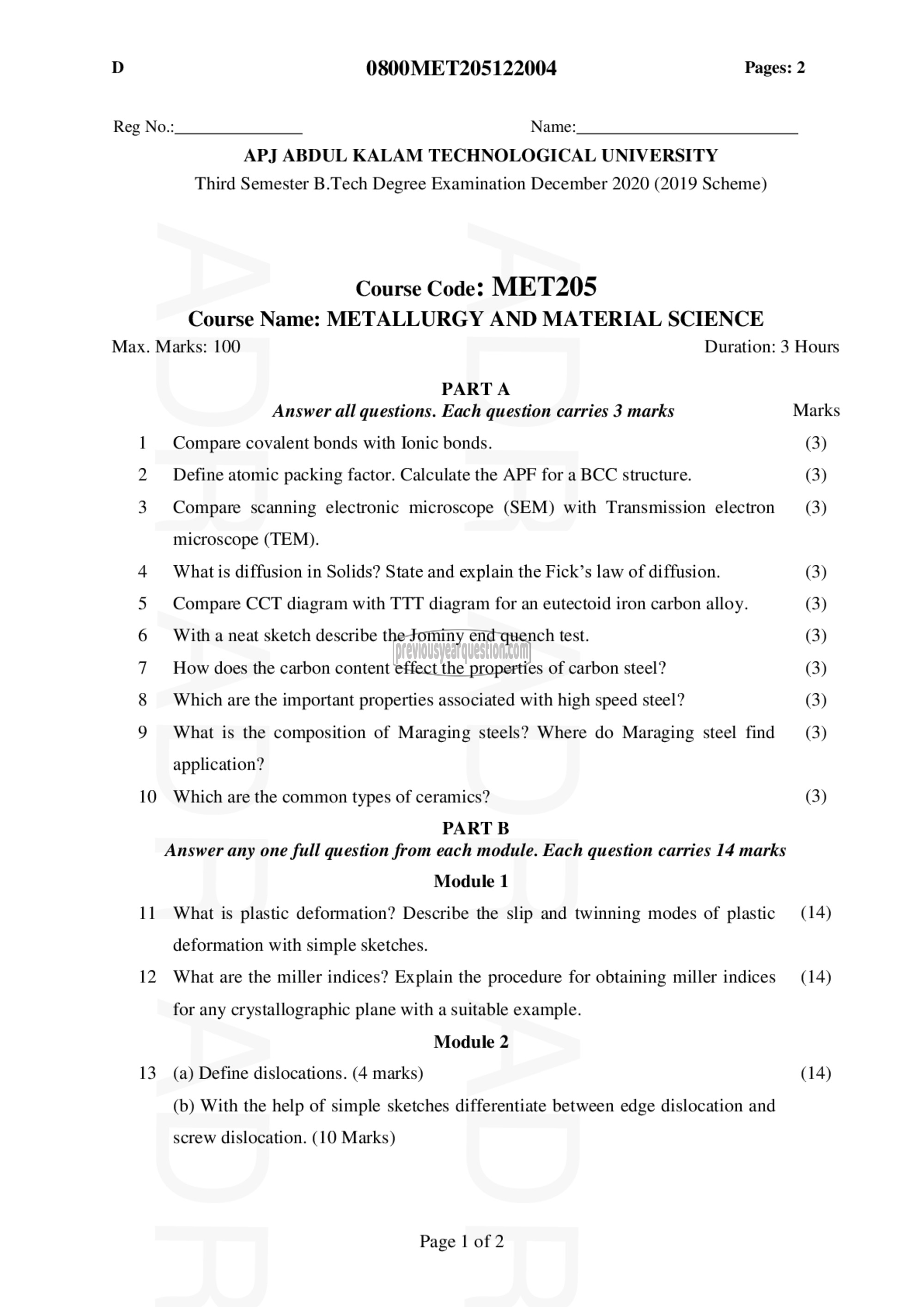 Question Paper - METALLURGY & MATERIAL SCIENCE-1