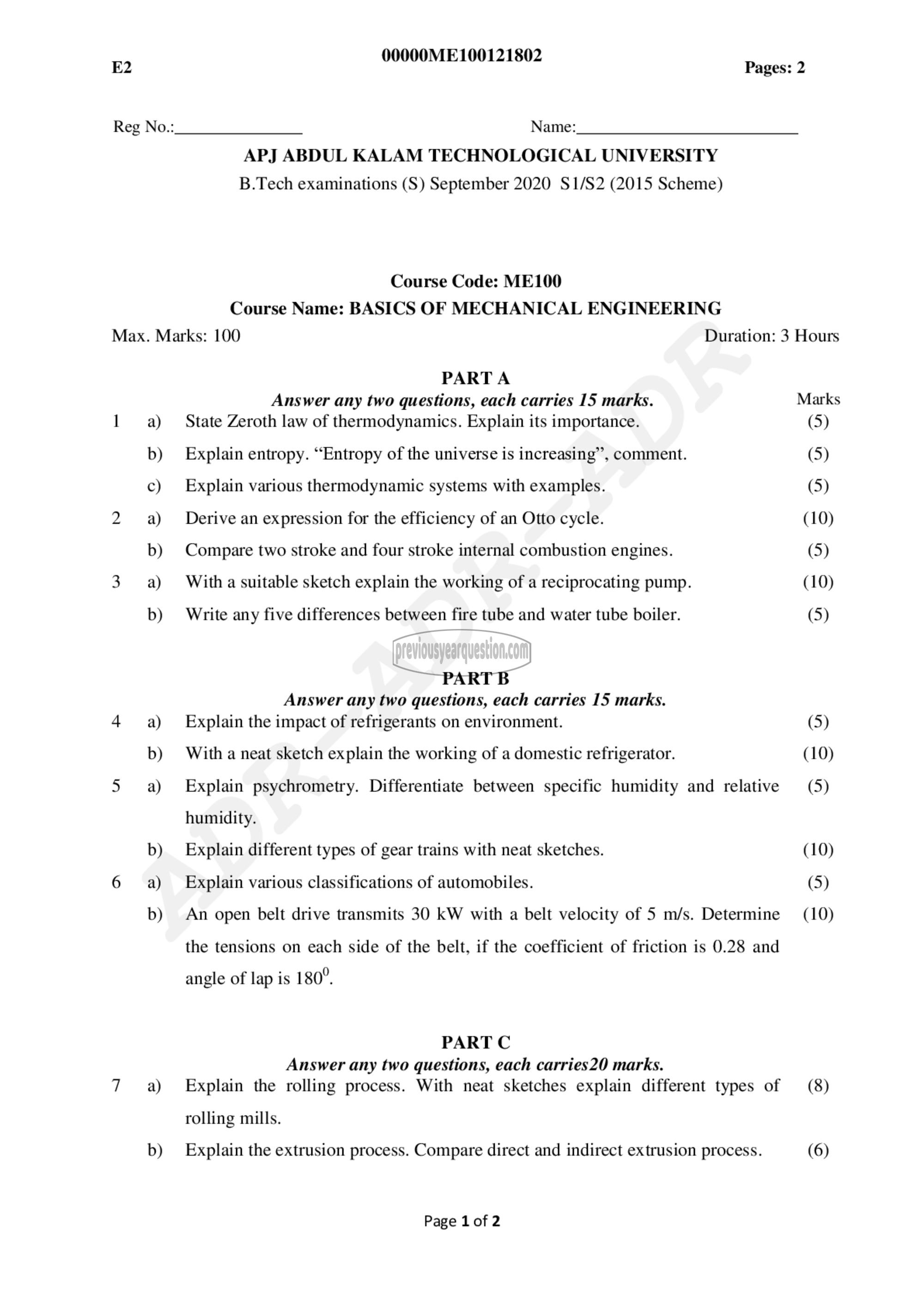 Question Paper - BASICS OF MECHANICAL ENGINEERING-1