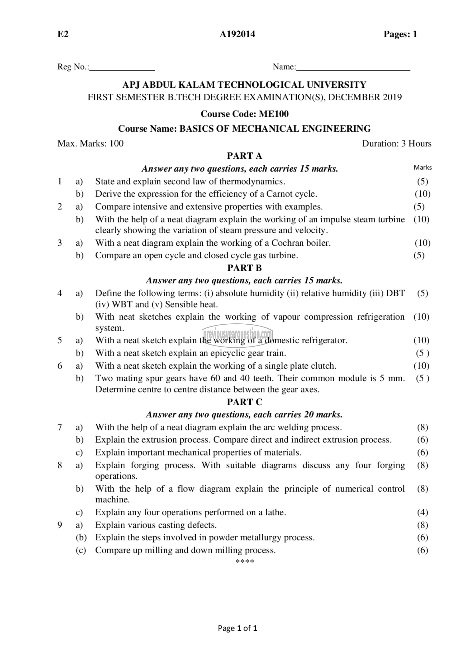 Question Paper - BASICS OF MECHANICAL ENGINEERING-1