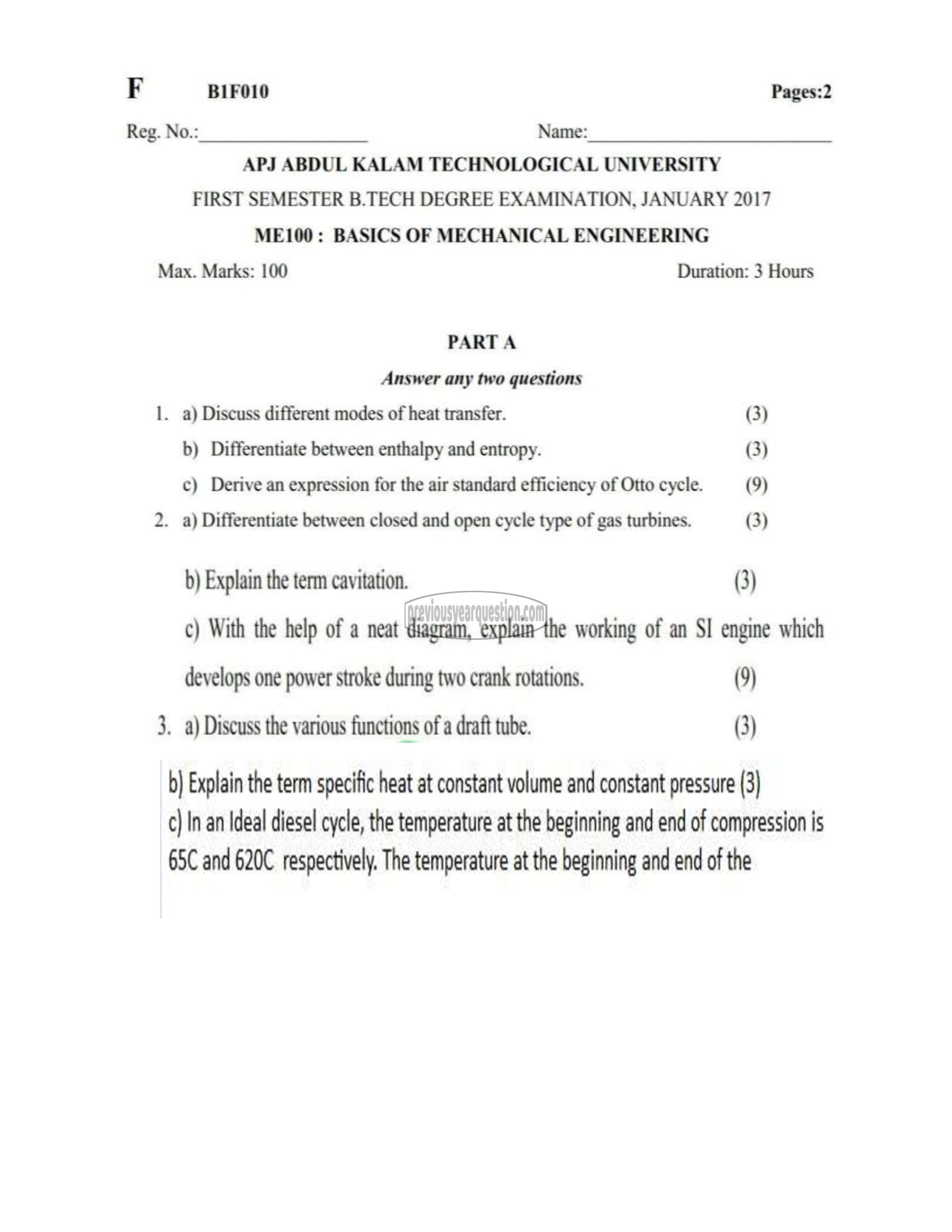 Question Paper - BASICS OF MECHANICAL ENGINEERING-1