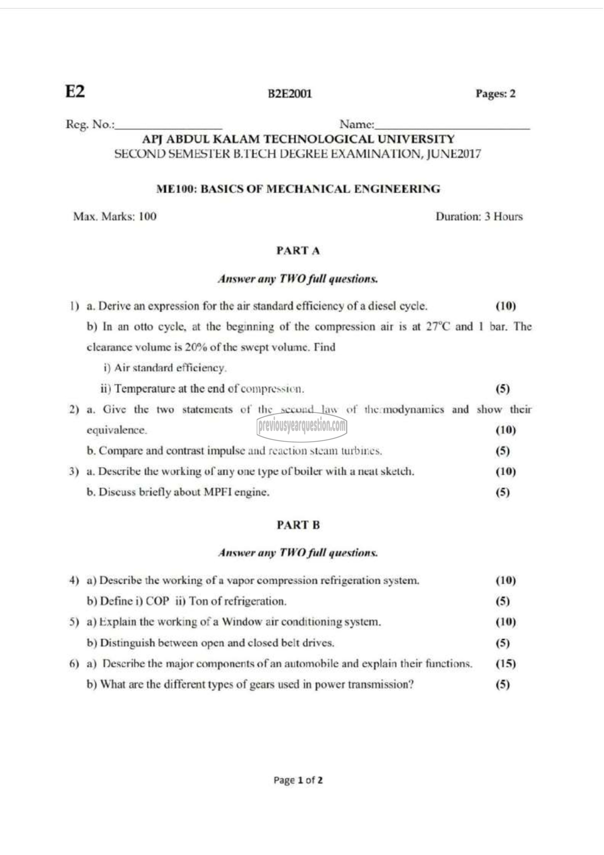 Question Paper - BASICS OF MECHANICAL ENGINEERING-1