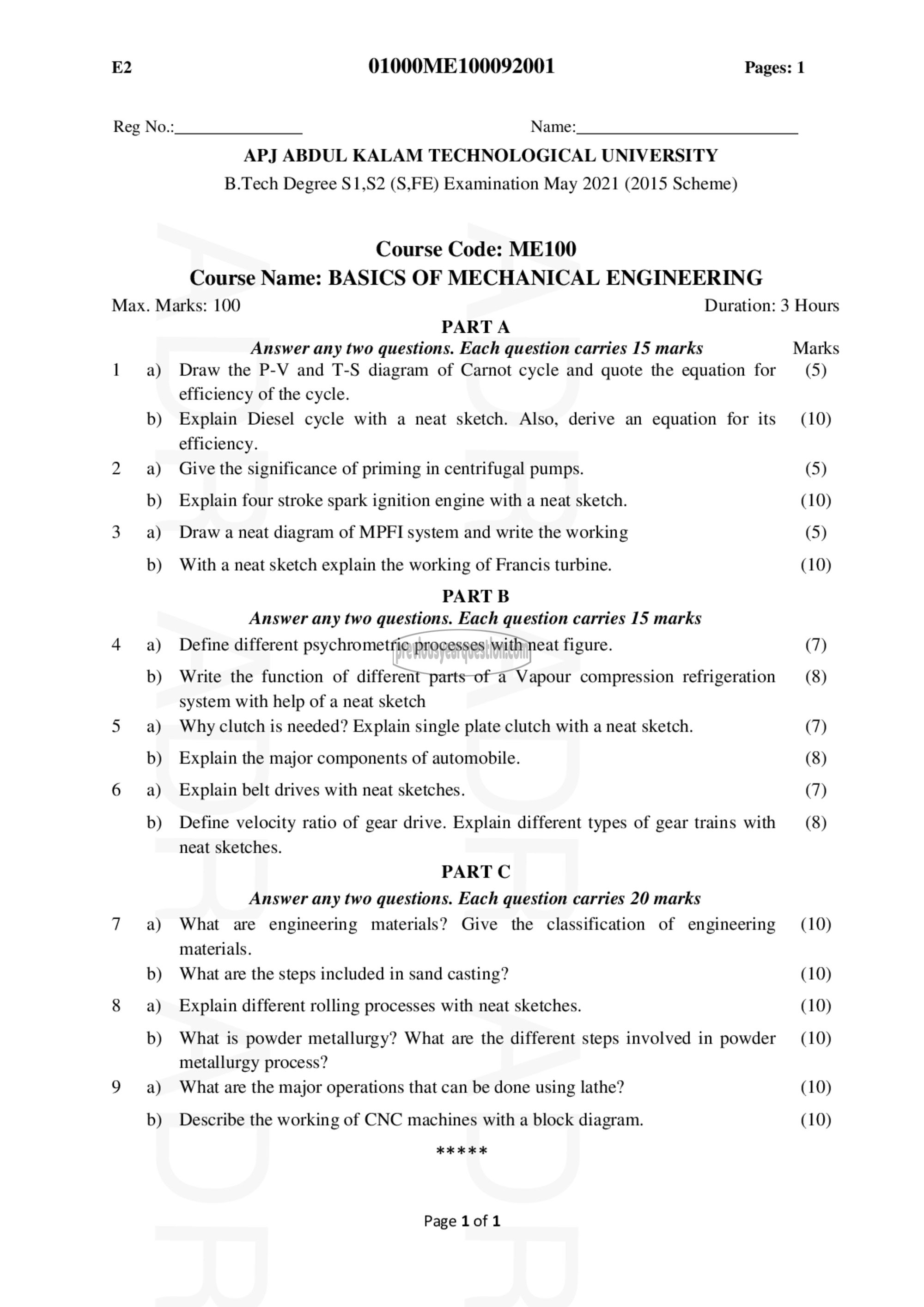 Question Paper - BASICS OF MECHANICAL ENGINEERING-1