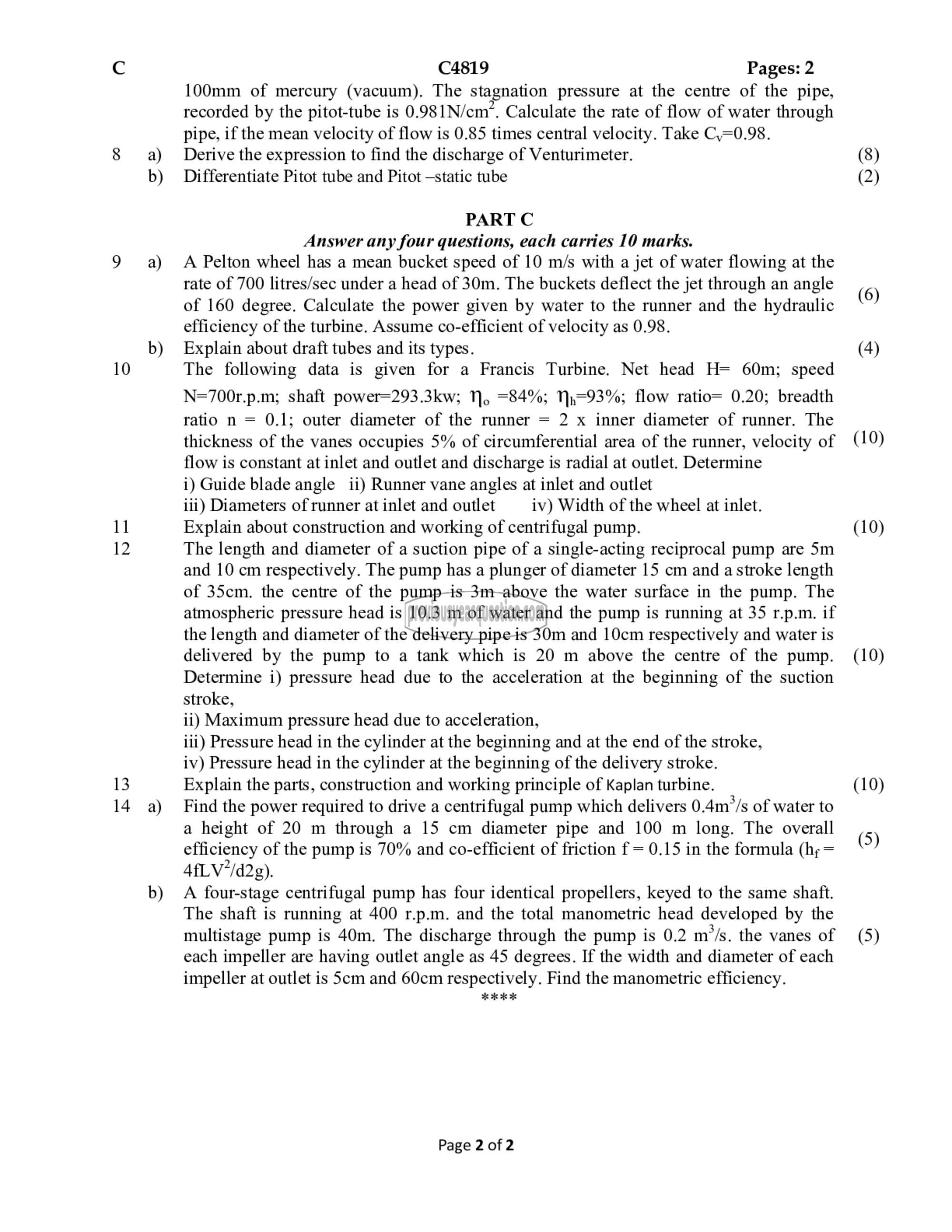 Question Paper - Fluid Mechanics & Machinery-2