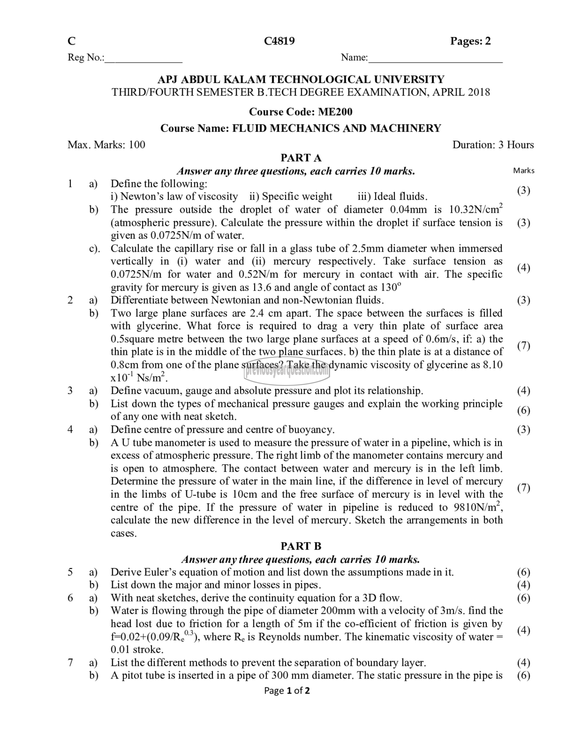 Question Paper - Fluid Mechanics & Machinery-1