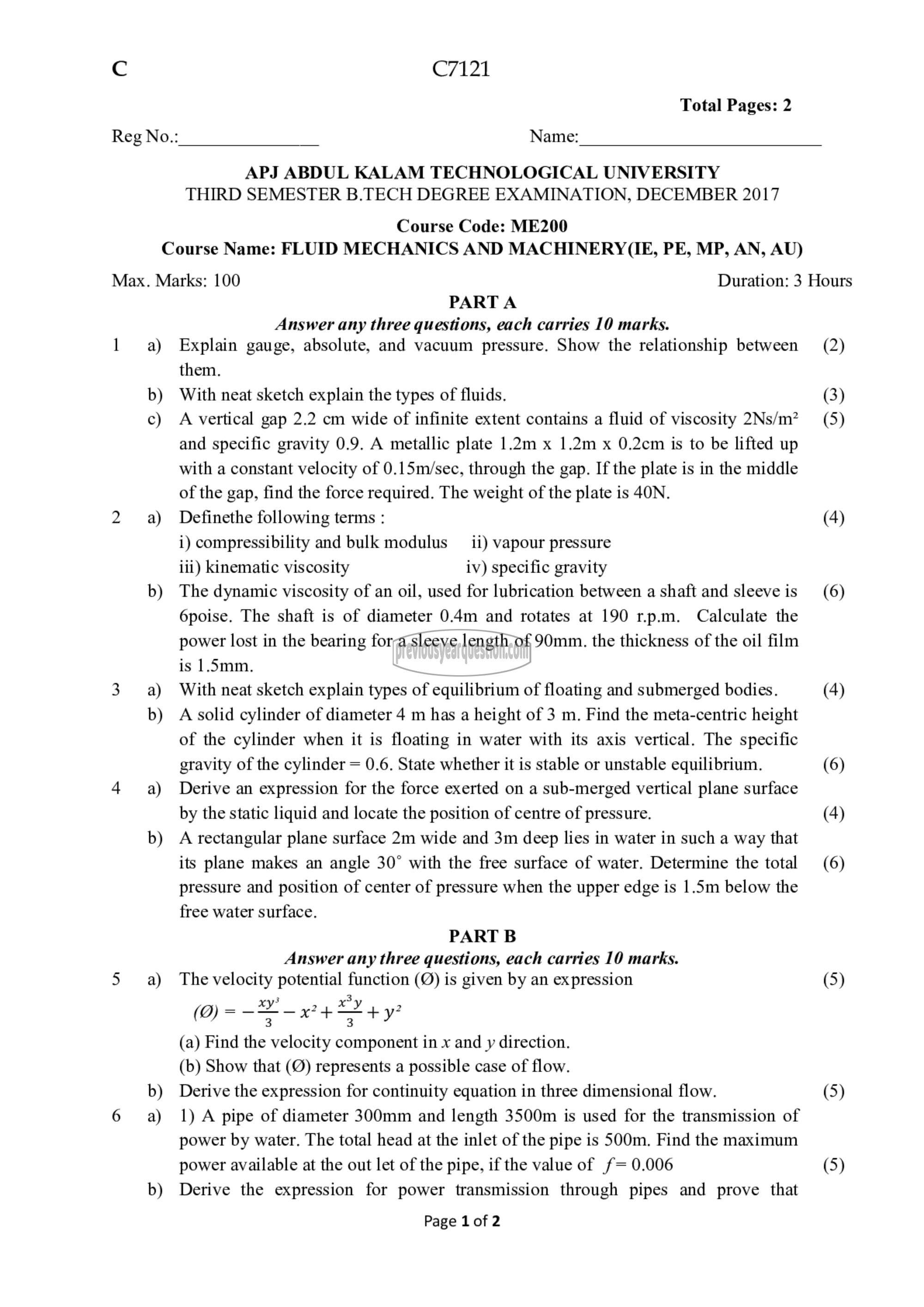 Question Paper - Fluid Mechanics & Machinery-1