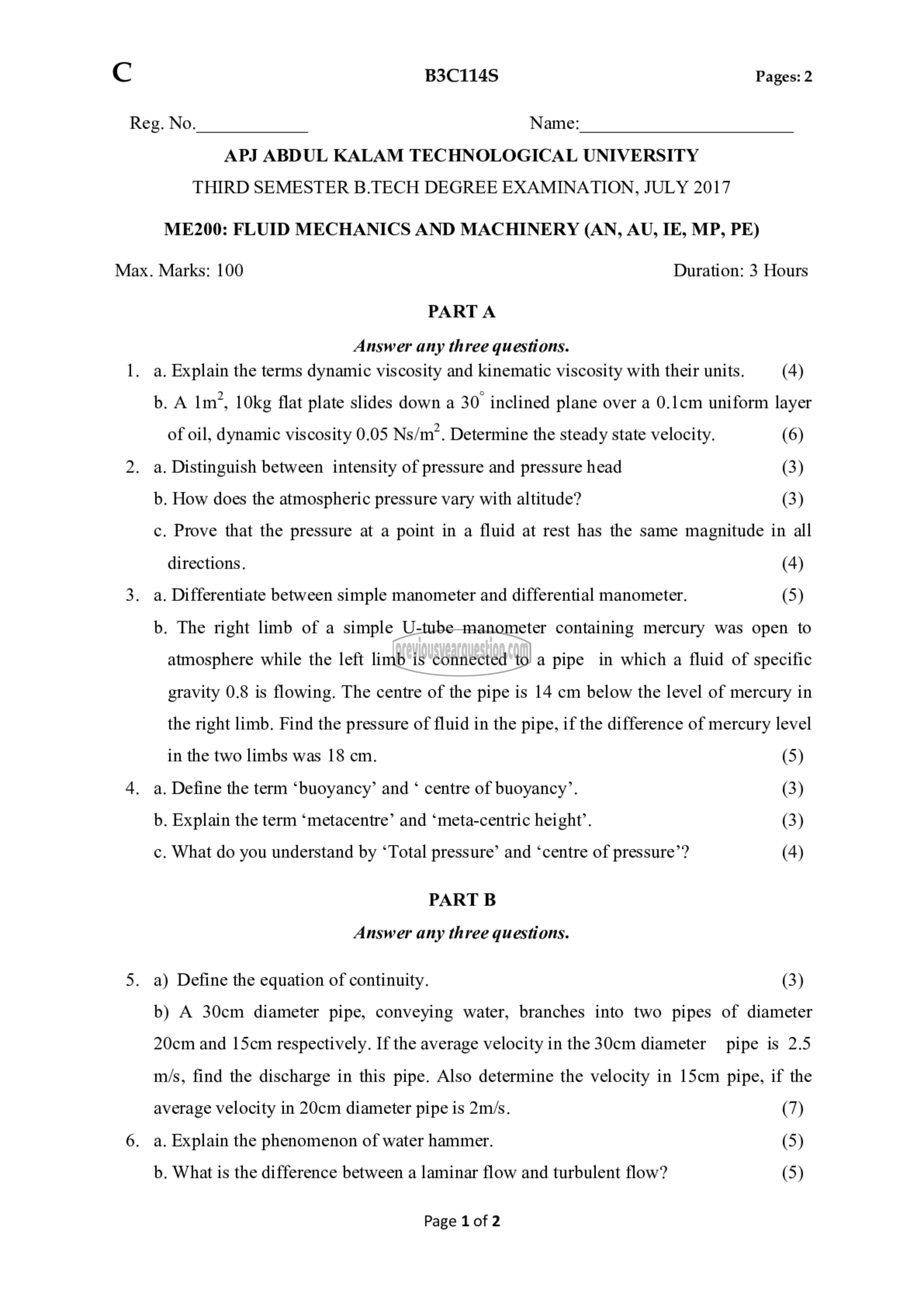 Question Paper - Fluid Mechanics & Machinery-1