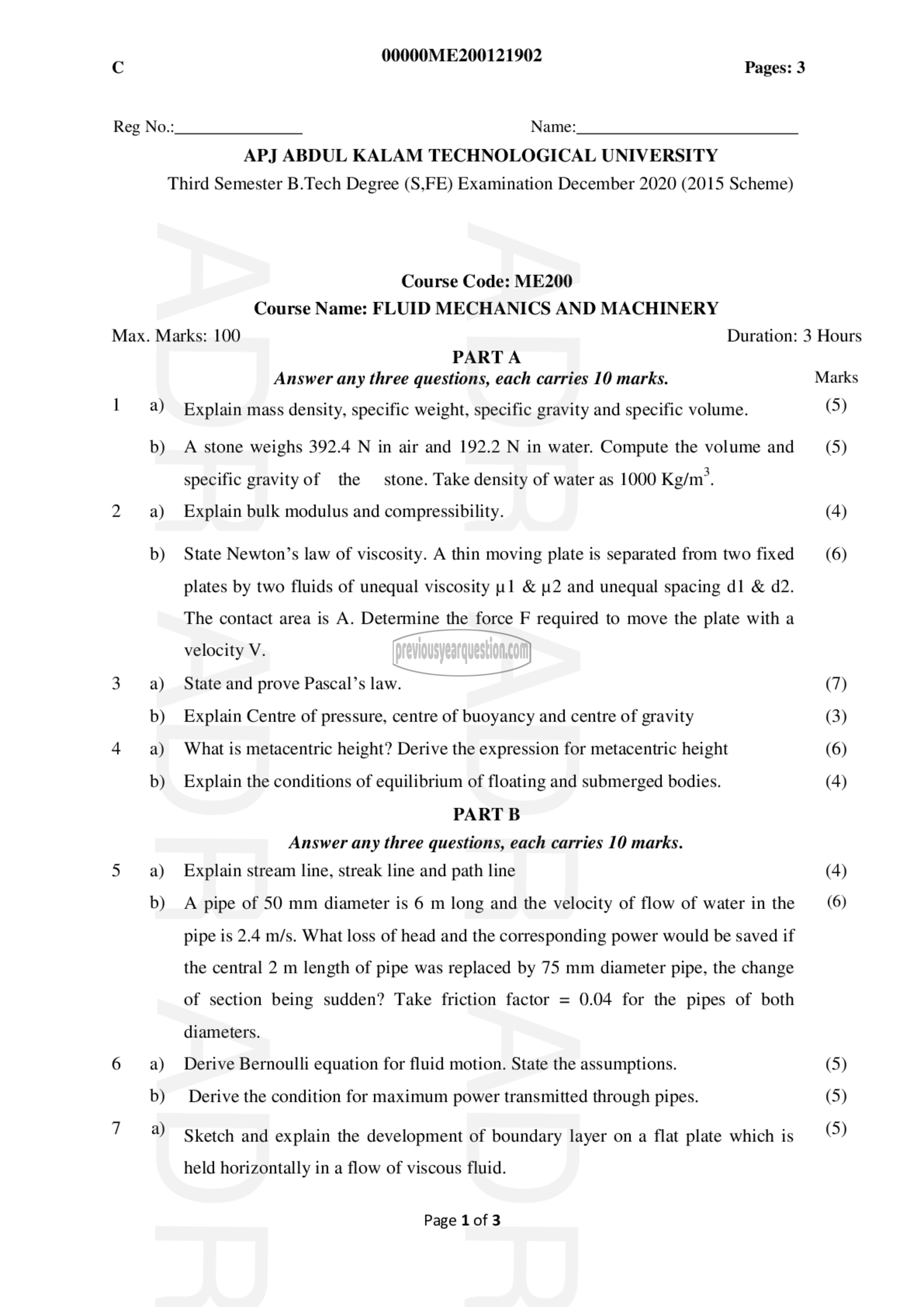 Question Paper - Fluid Mechanics & Machinery-1