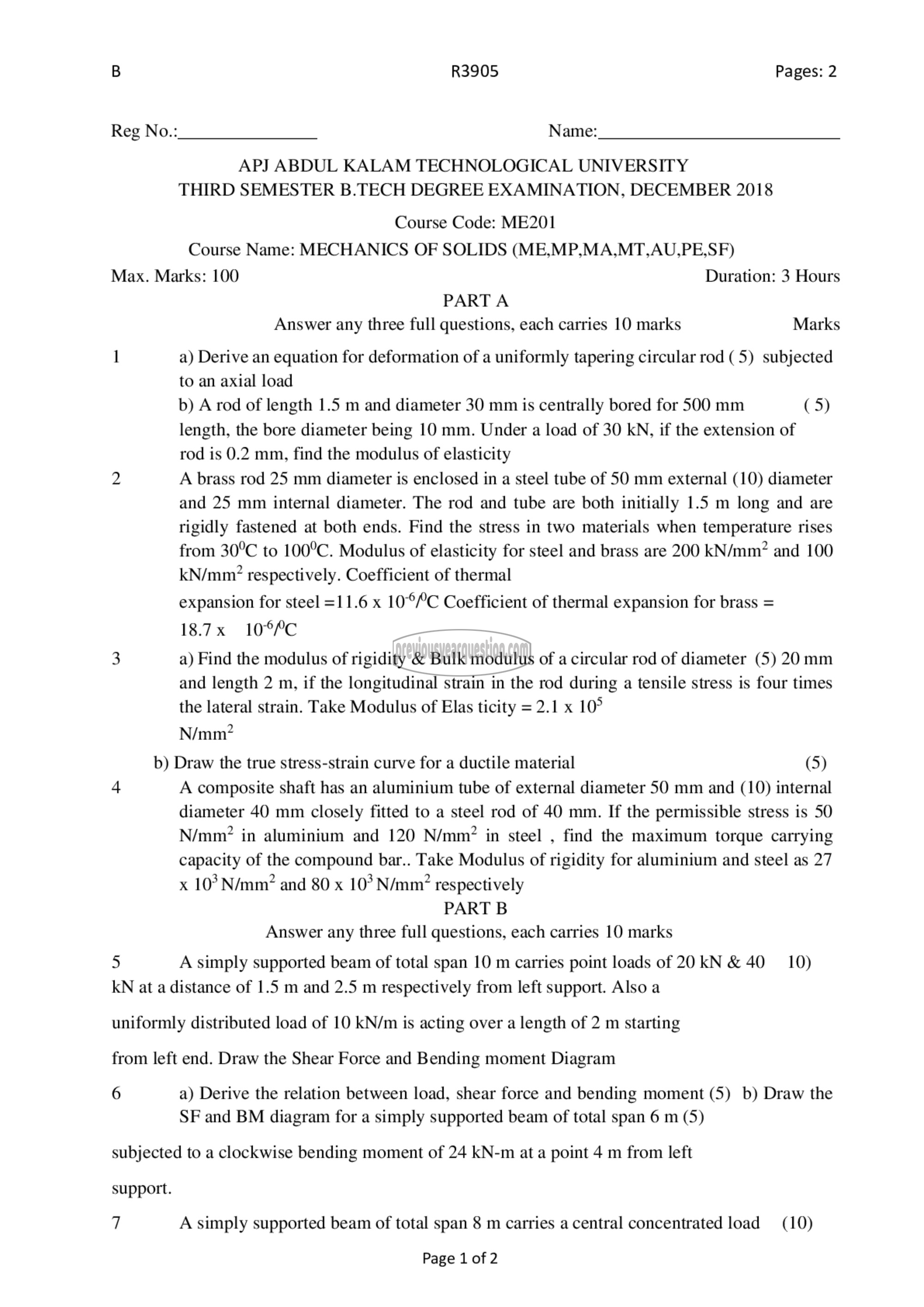 Question Paper - Mechanics of Solids-1