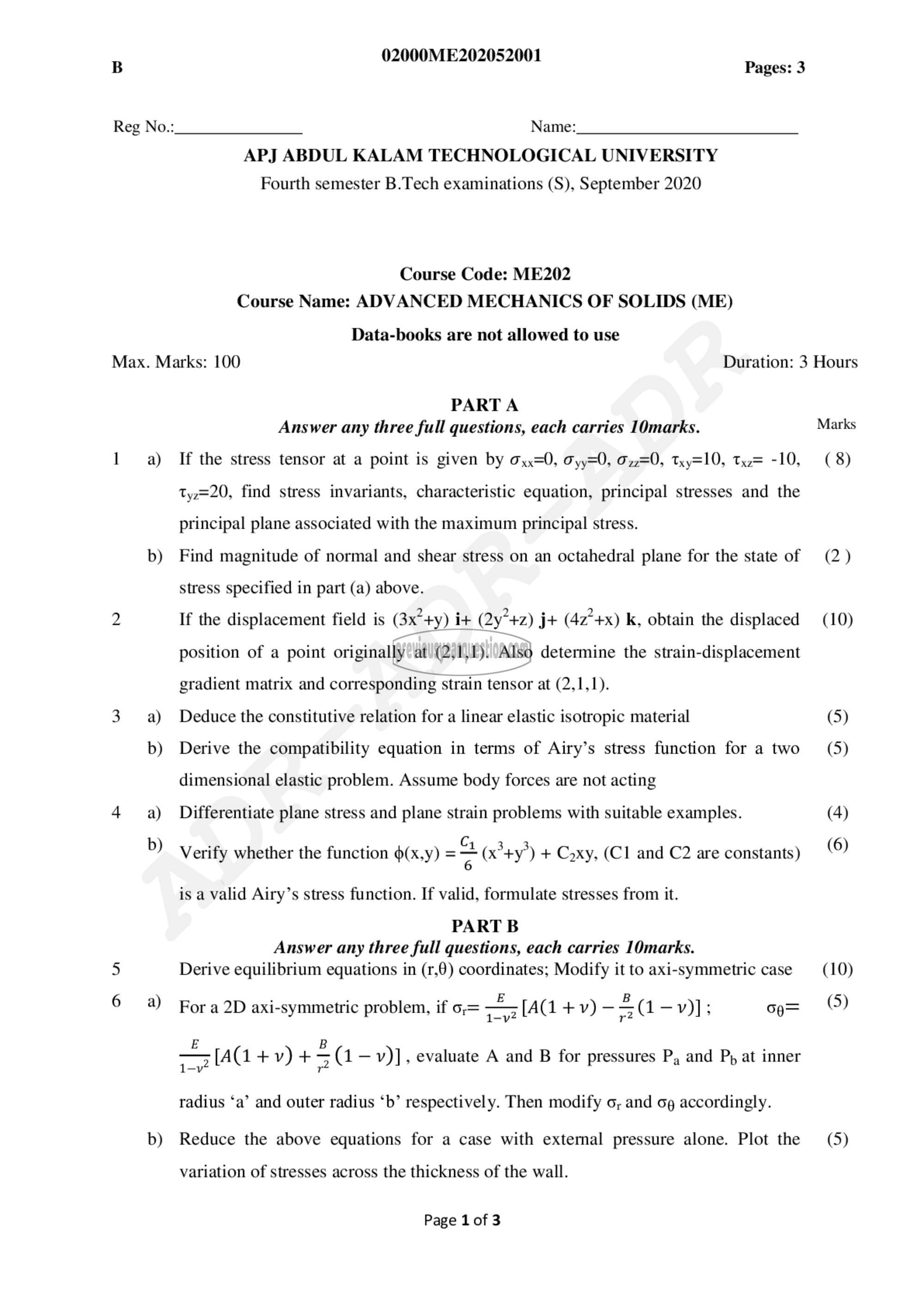 Question Paper - Advanced Mechanics of Solids-1