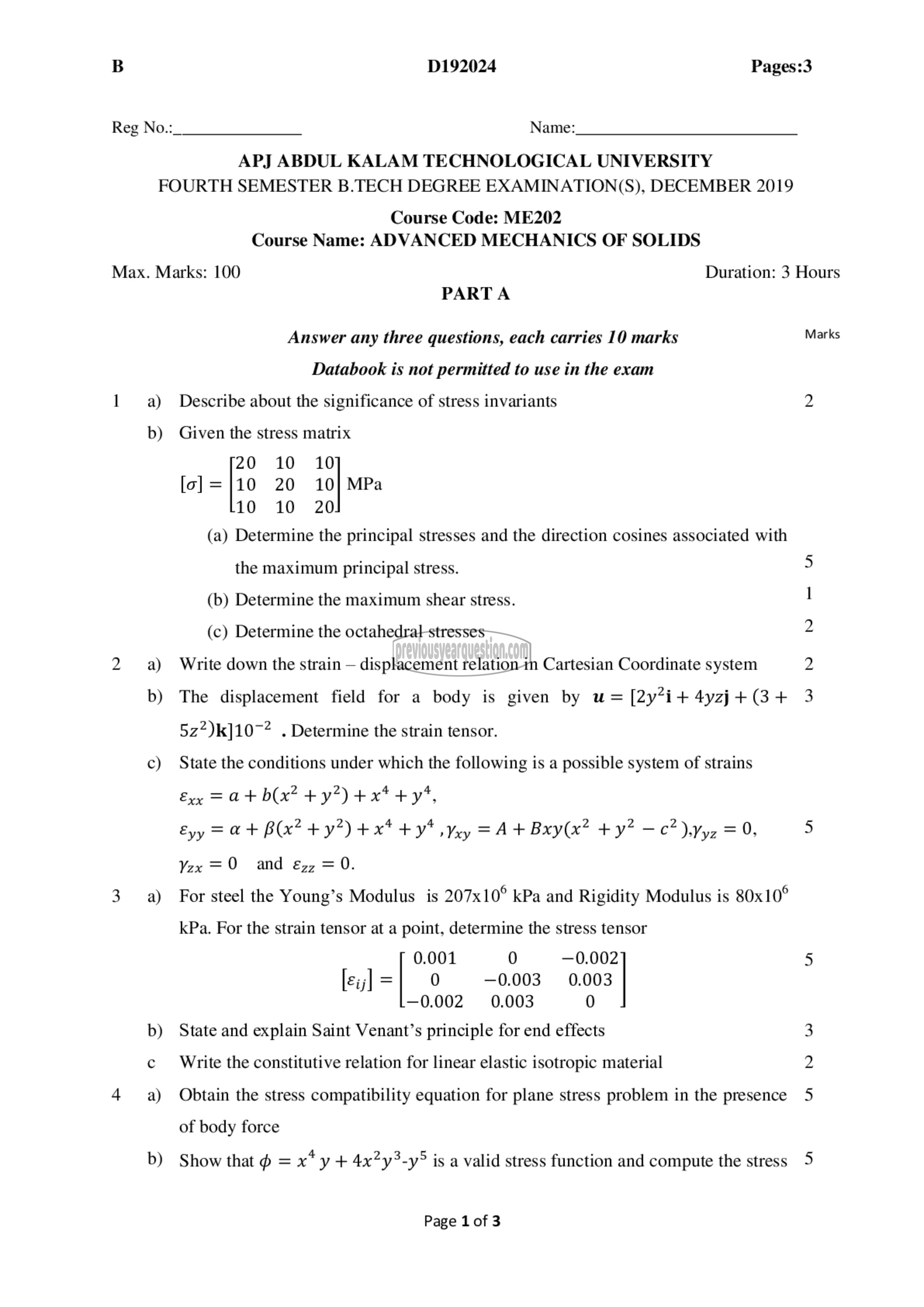 Question Paper - Advanced Mechanics of Solids-1