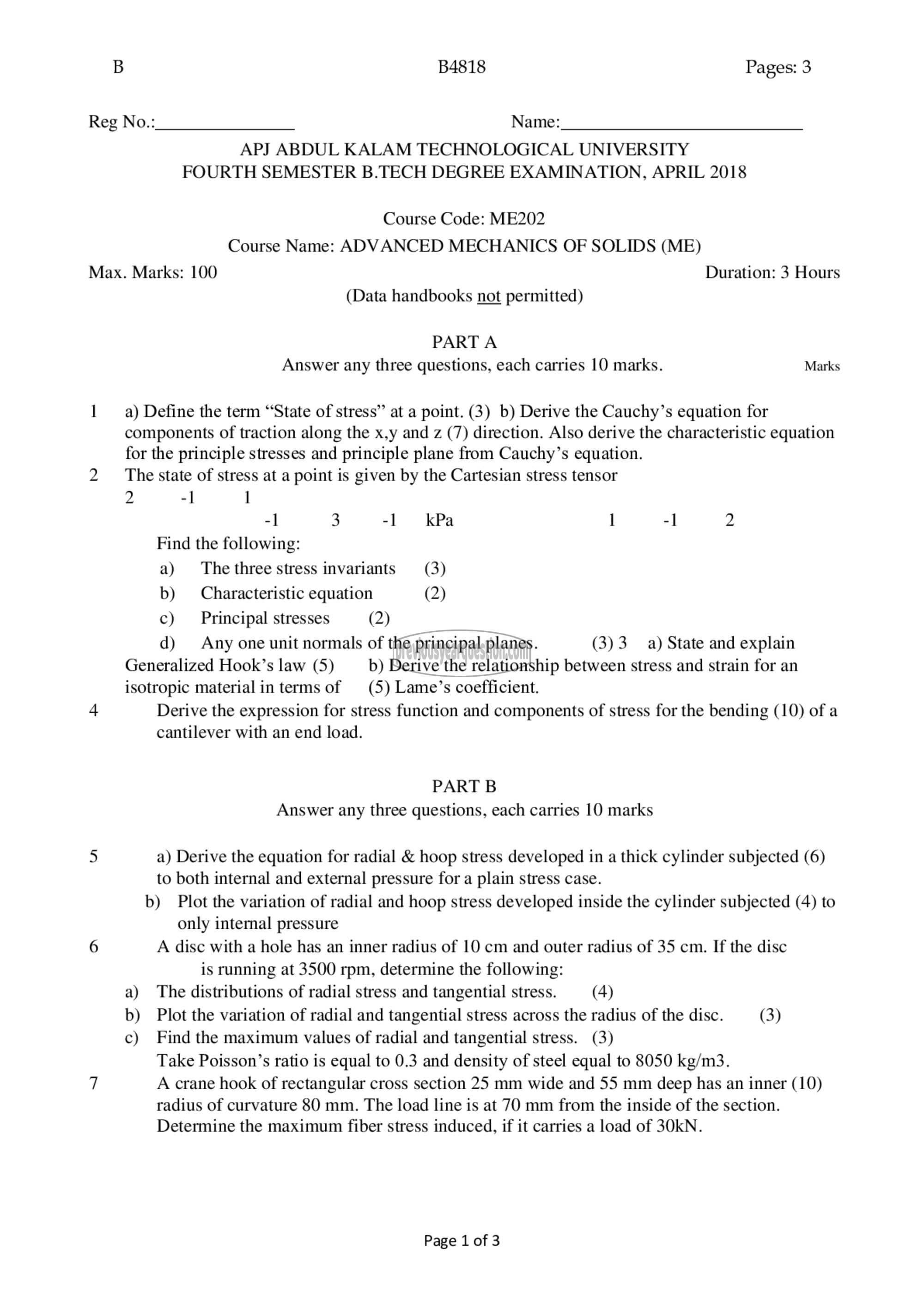 Question Paper - Advanced Mechanics of Solids-1