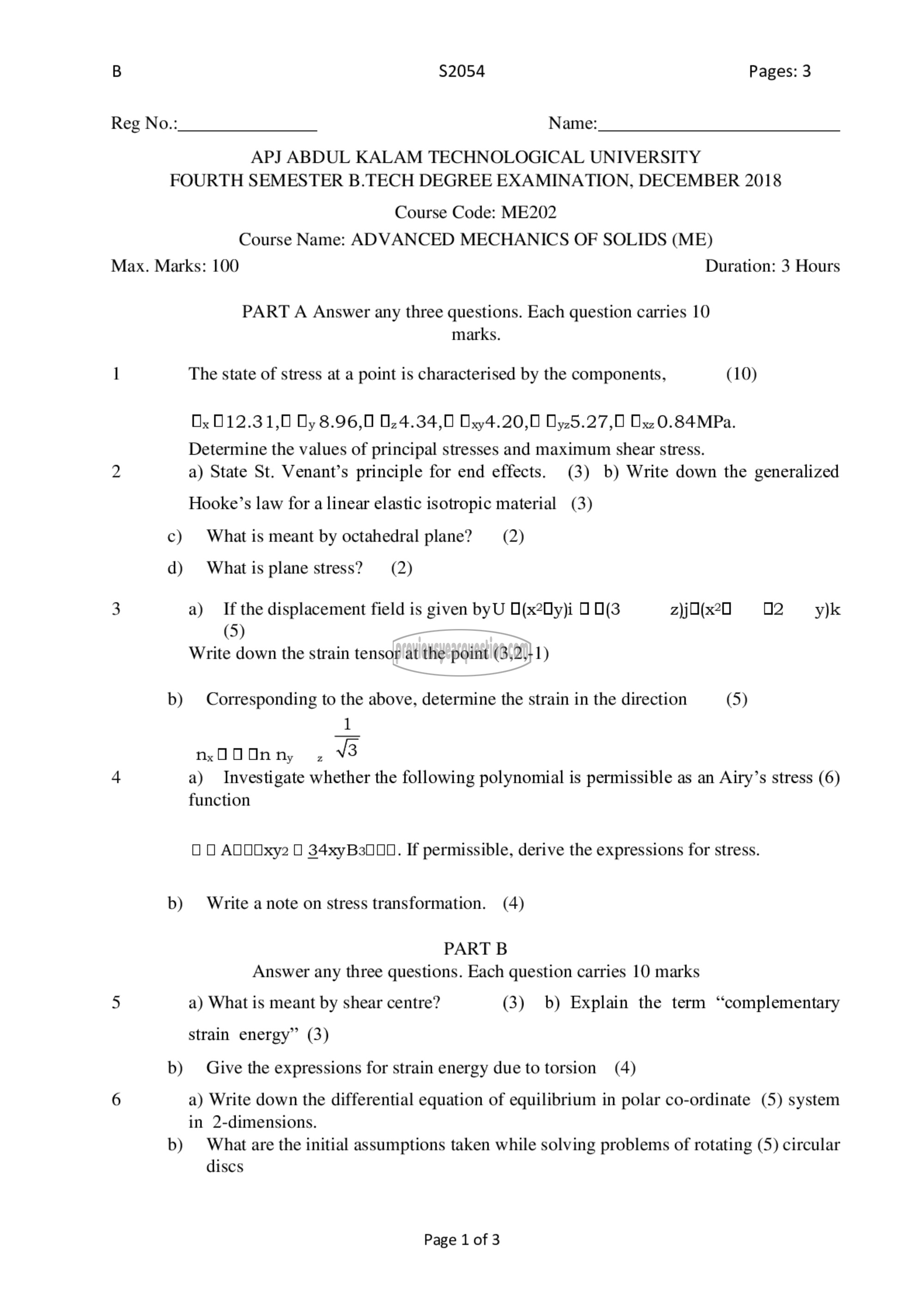 Question Paper - Advanced Mechanics of Solids-1