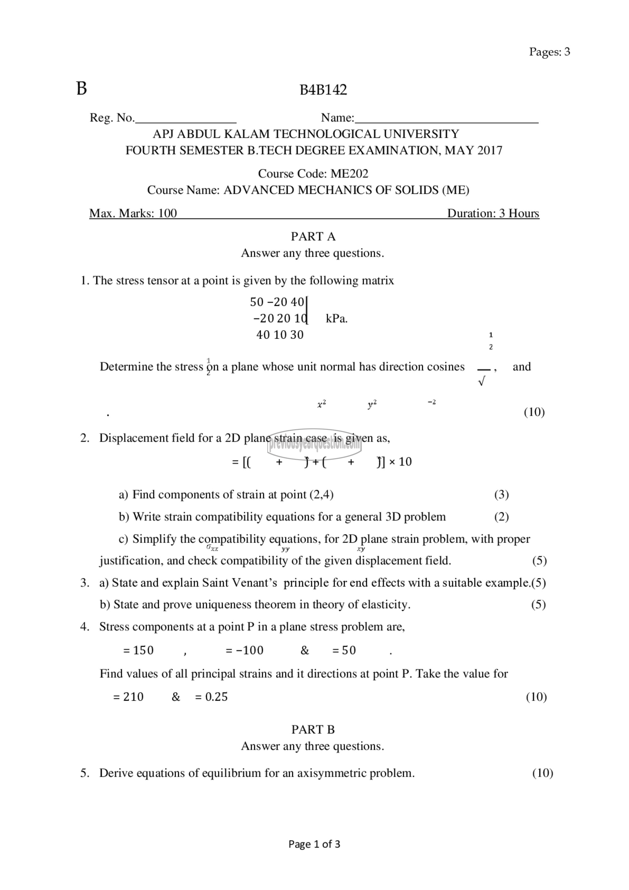 Question Paper - Advanced Mechanics of Solids-1