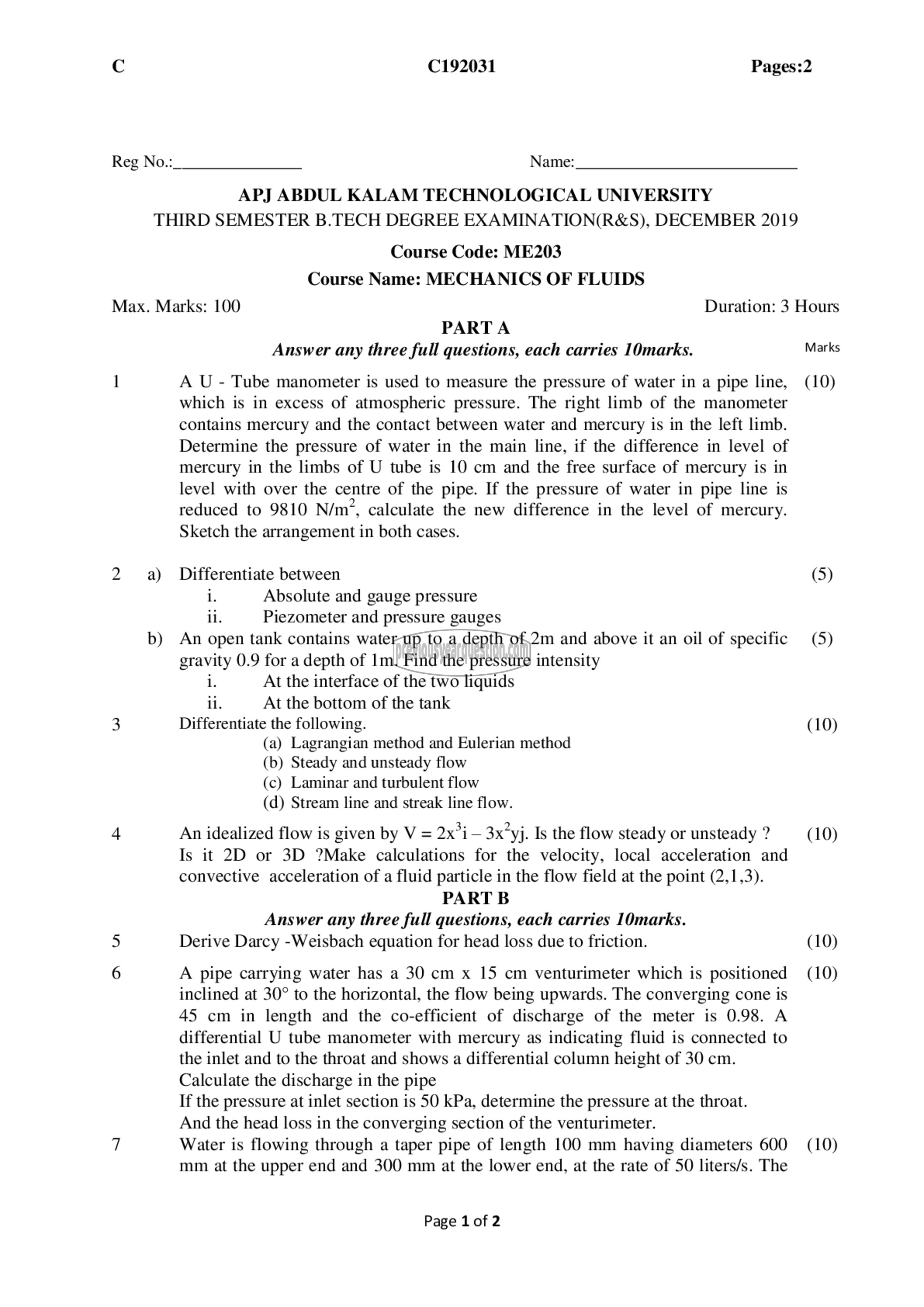 Question Paper - Mechanics of Fluids-1