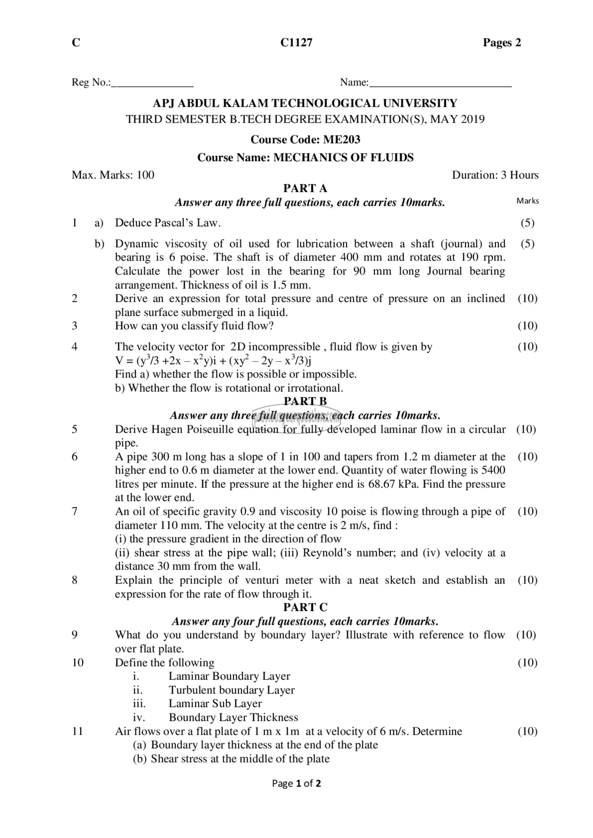 Question Paper - Mechanics of Fluids-1