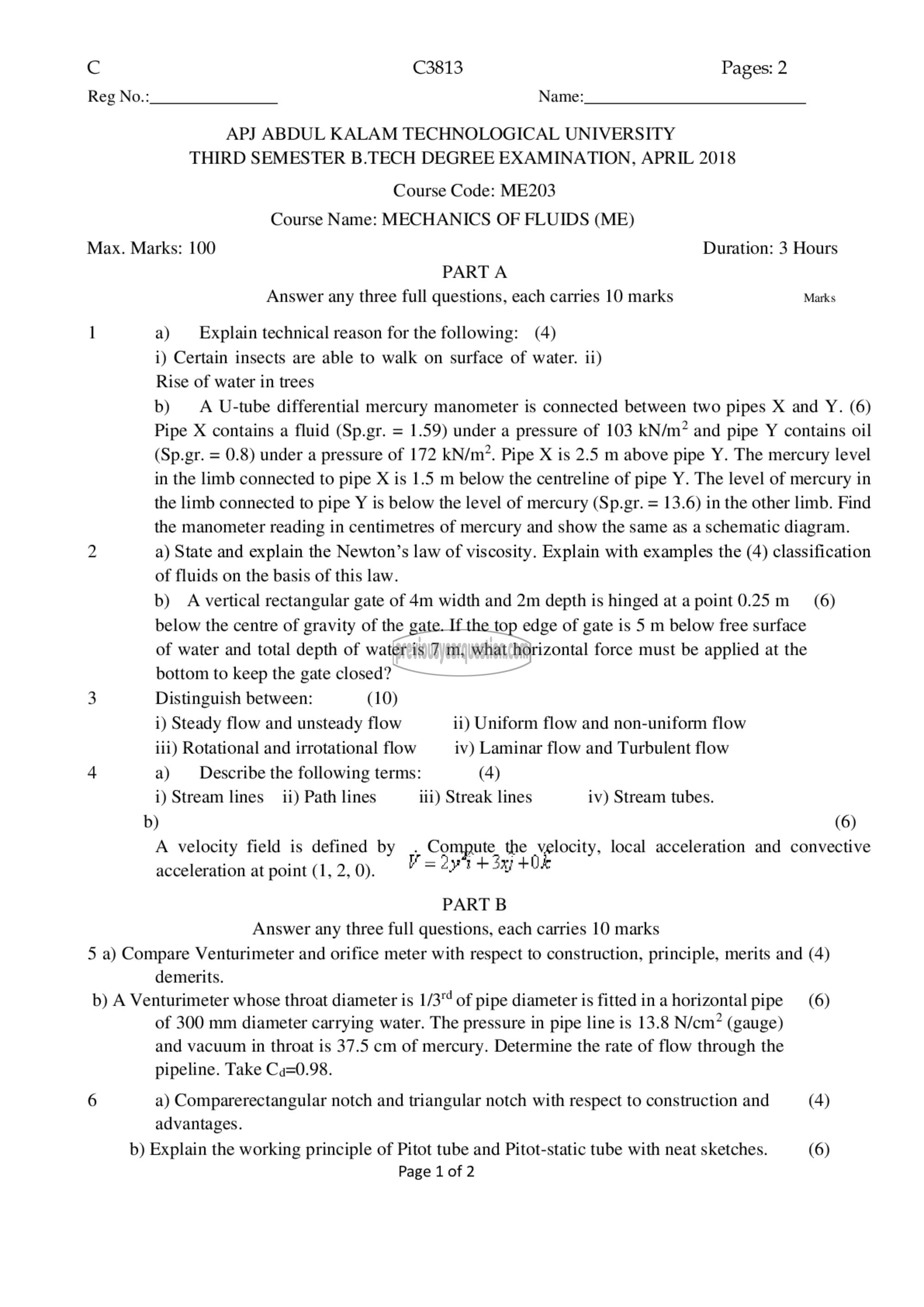 Question Paper - Mechanics of Fluids-1