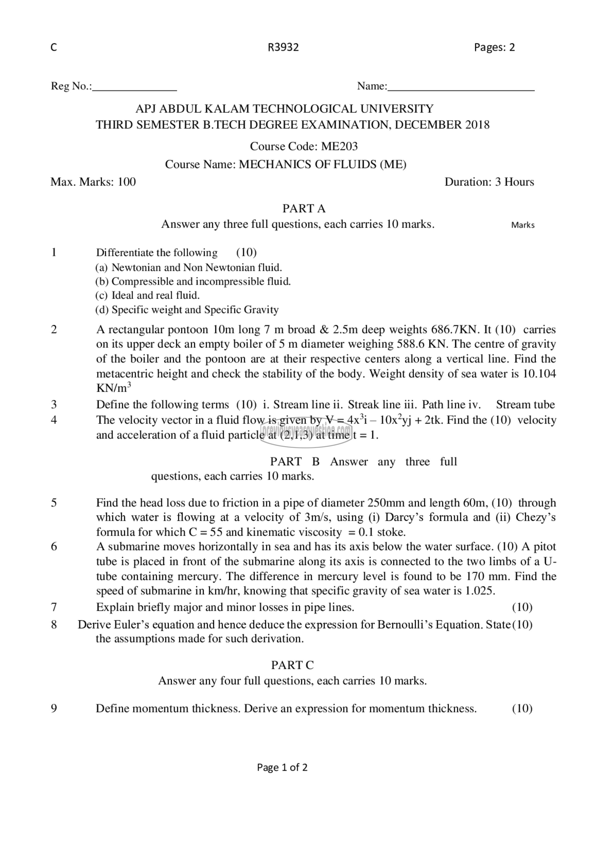 Question Paper - Mechanics of Fluids-1