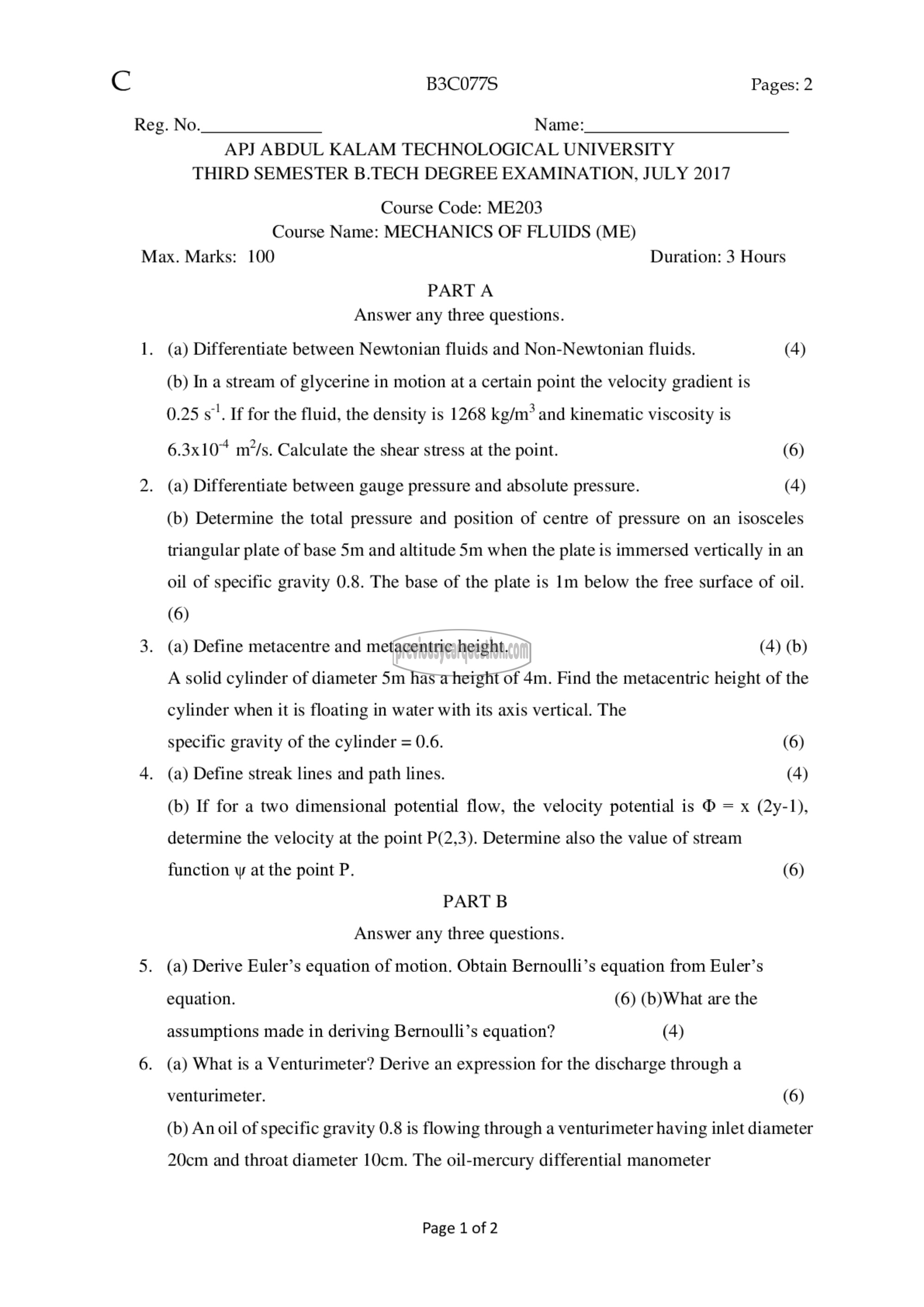 Question Paper - Mechanics of Fluids-1