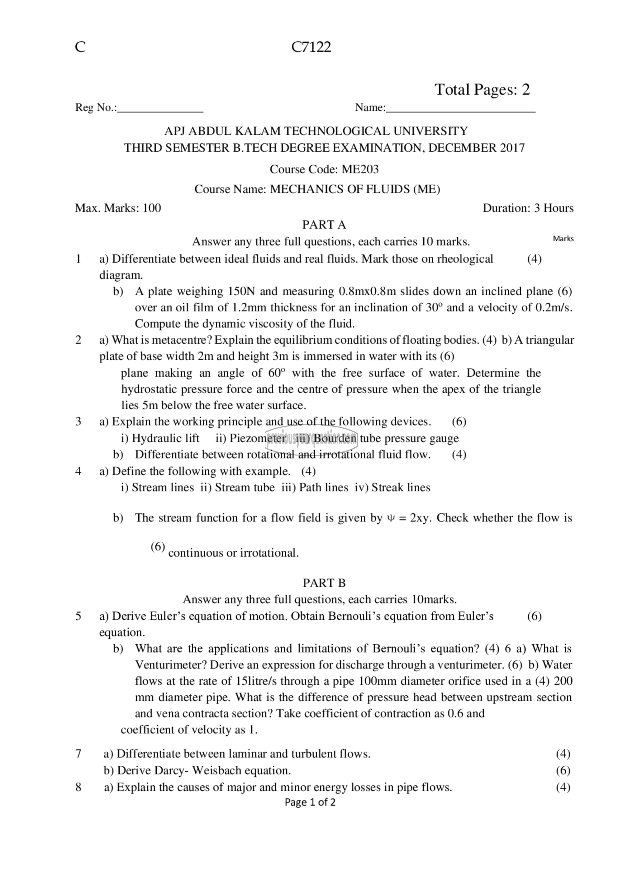 Question Paper - Mechanics of Fluids-1