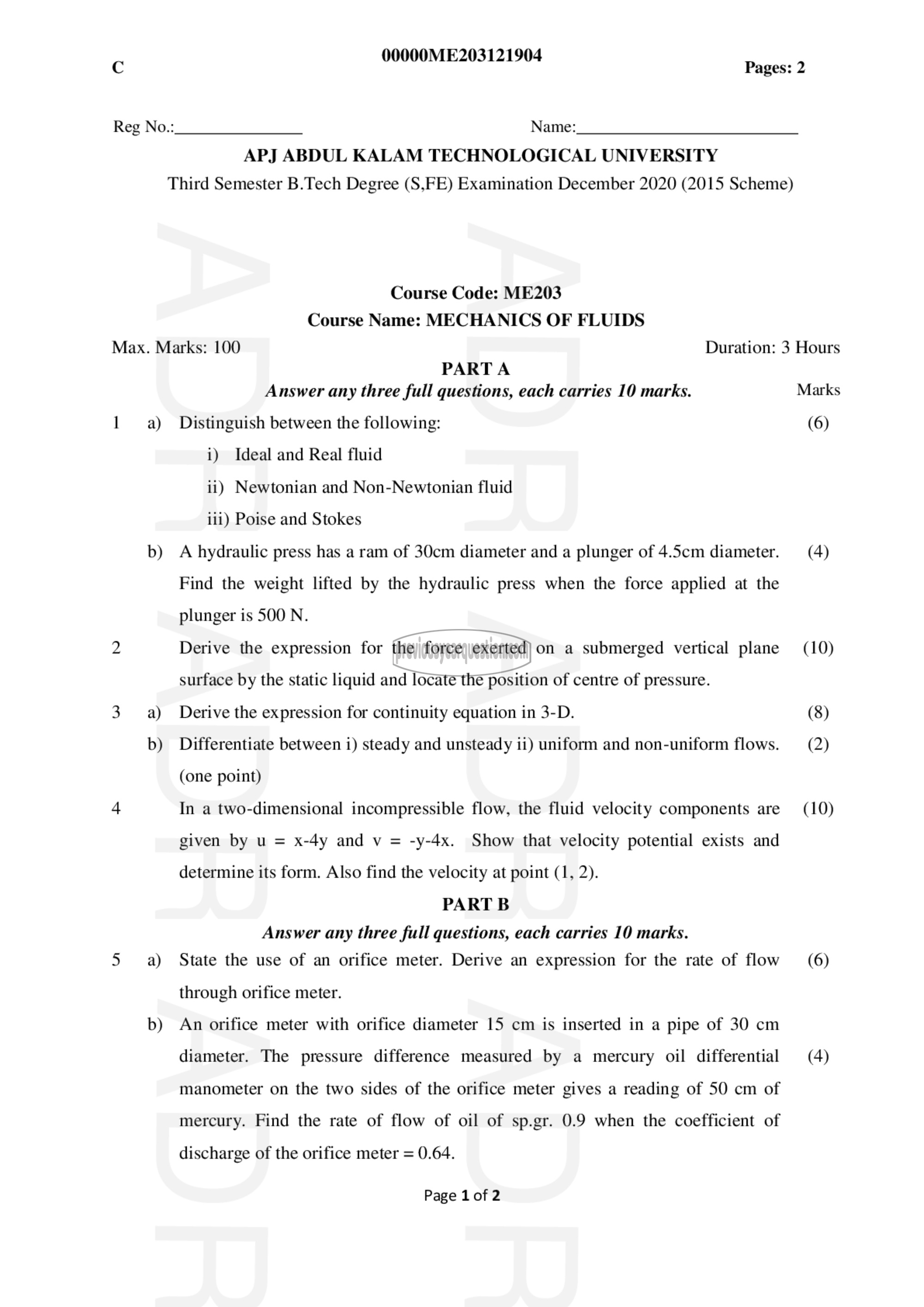 Question Paper - Mechanics of Fluids-1