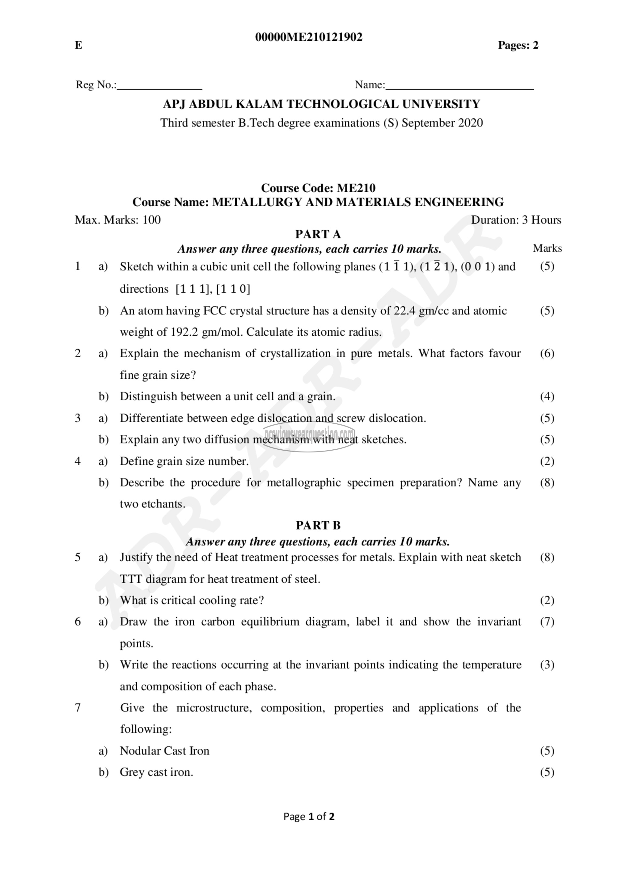 Question Paper - Metallurgy & Materials Engineering-1