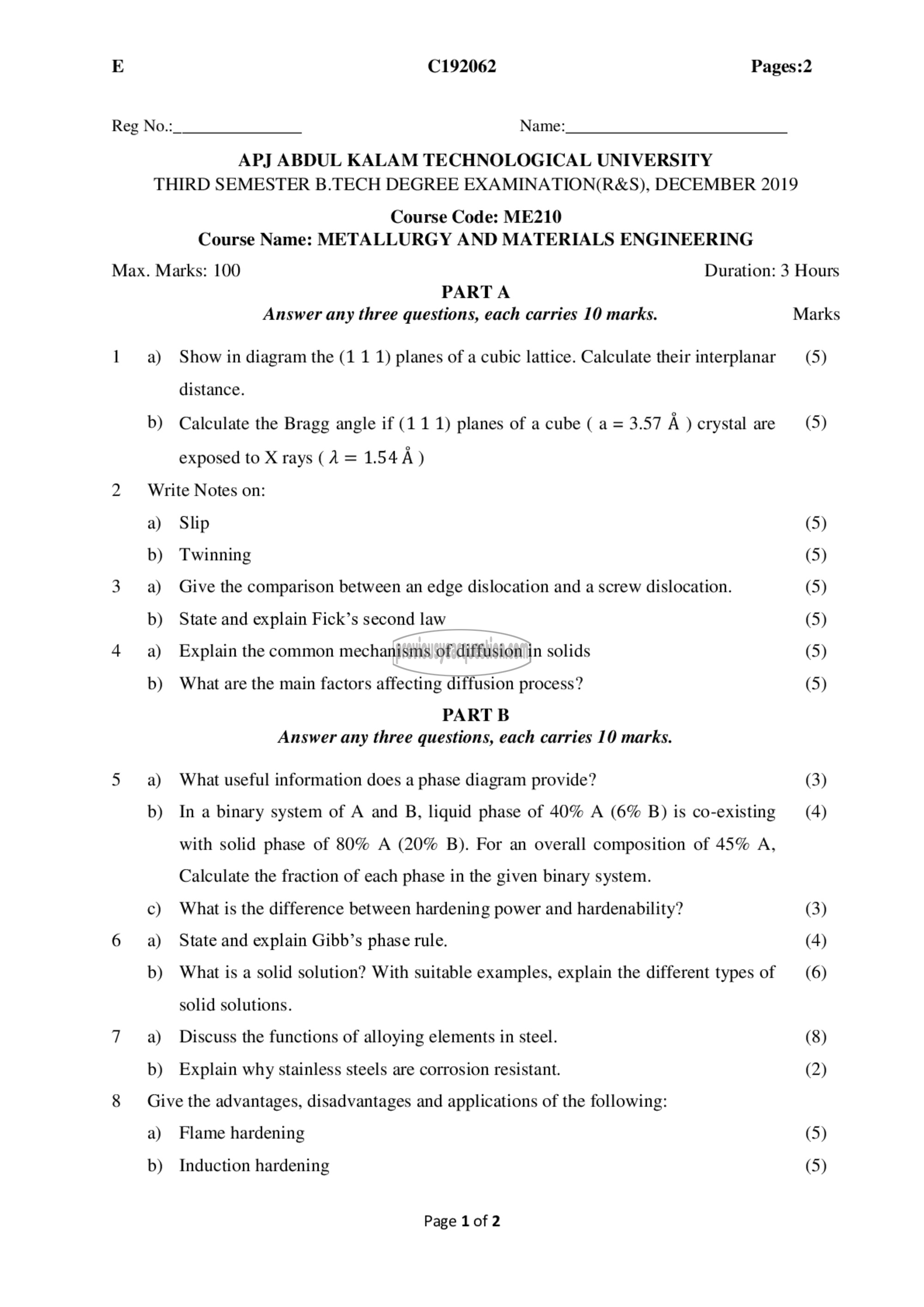 Question Paper - Metallurgy & Materials Engineering-1