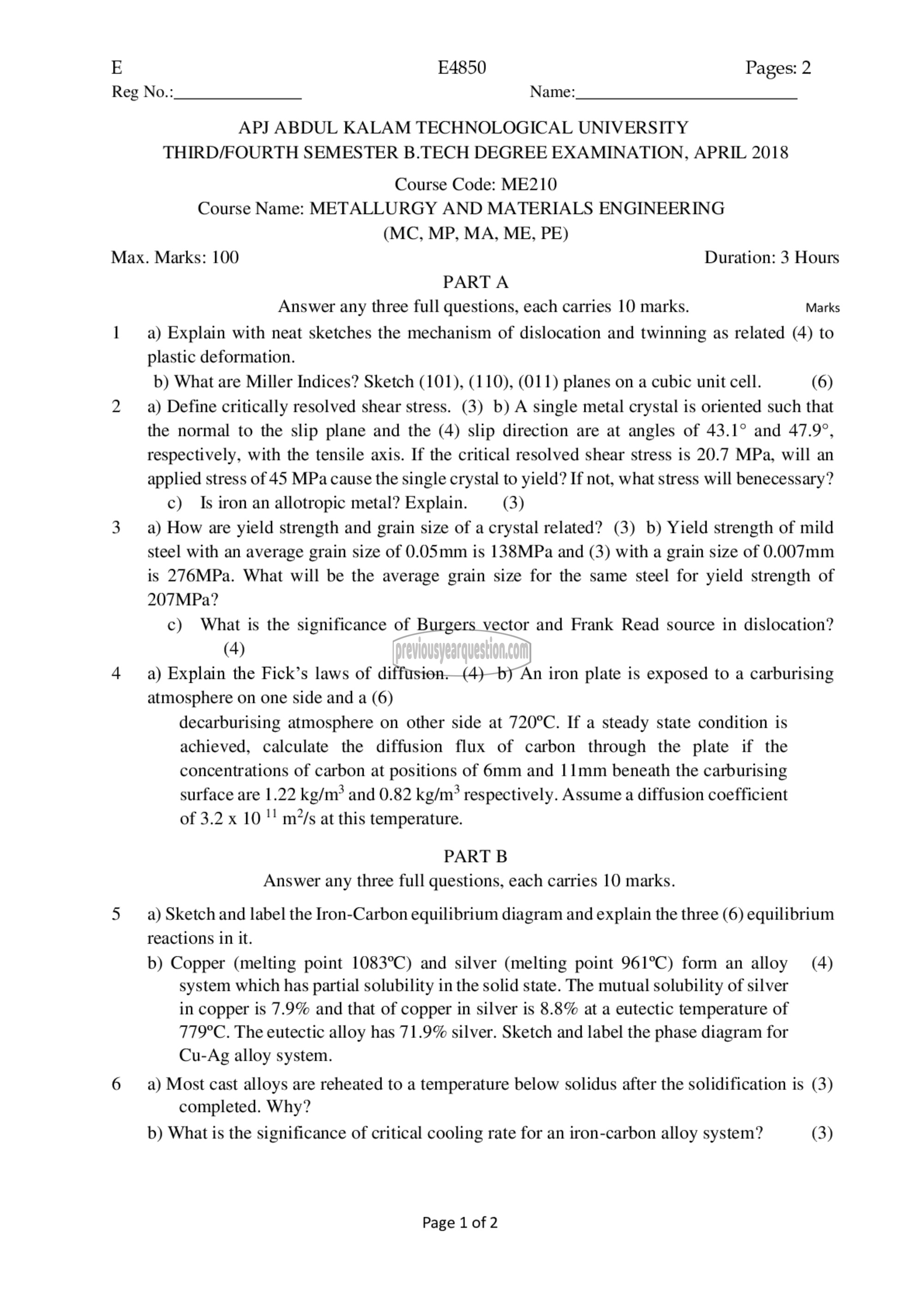 Question Paper - Metallurgy & Materials Engineering-1