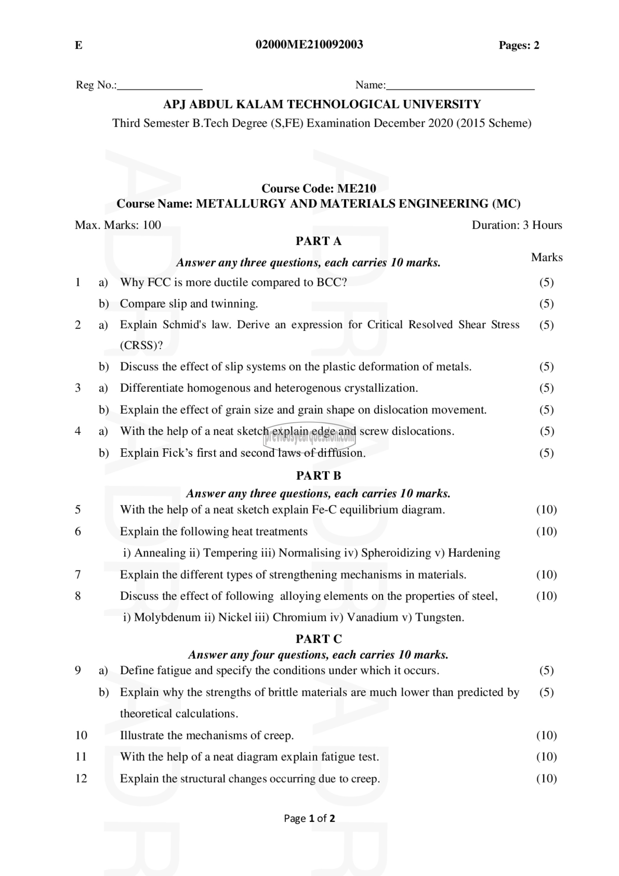 Question Paper - Metallurgy & Materials Engineering-1